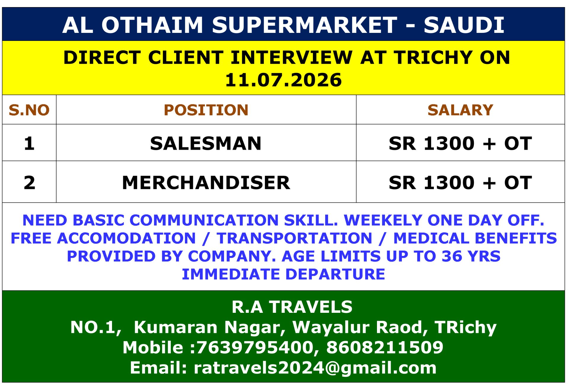 SALES MAN / MERCHANDISER — R.A Travels, SAUDI, SAUDI