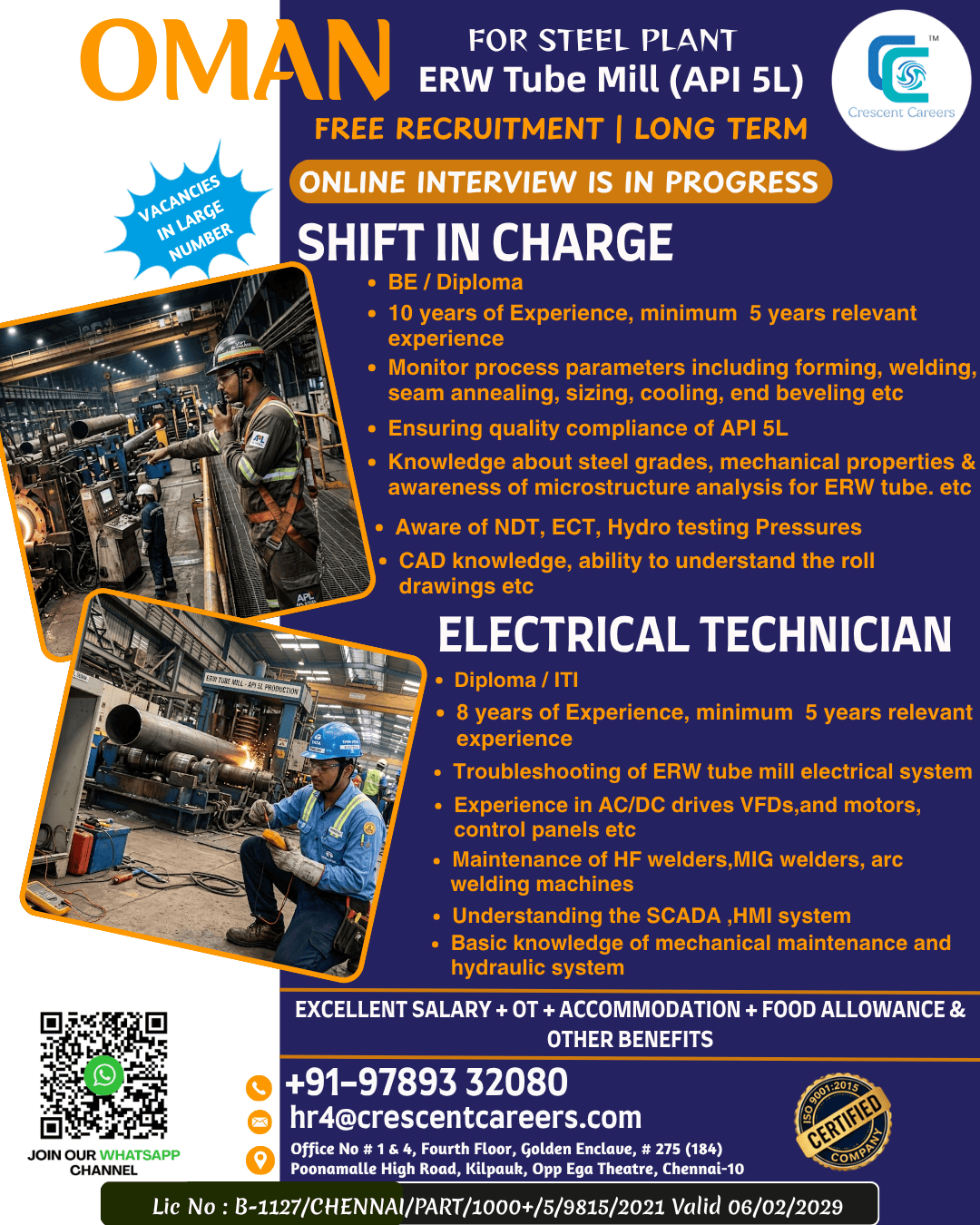 ERW Tube Mill (API 5L) - Shift In Charge & Electrical Technician — Crescent Careers, Oman, Oman