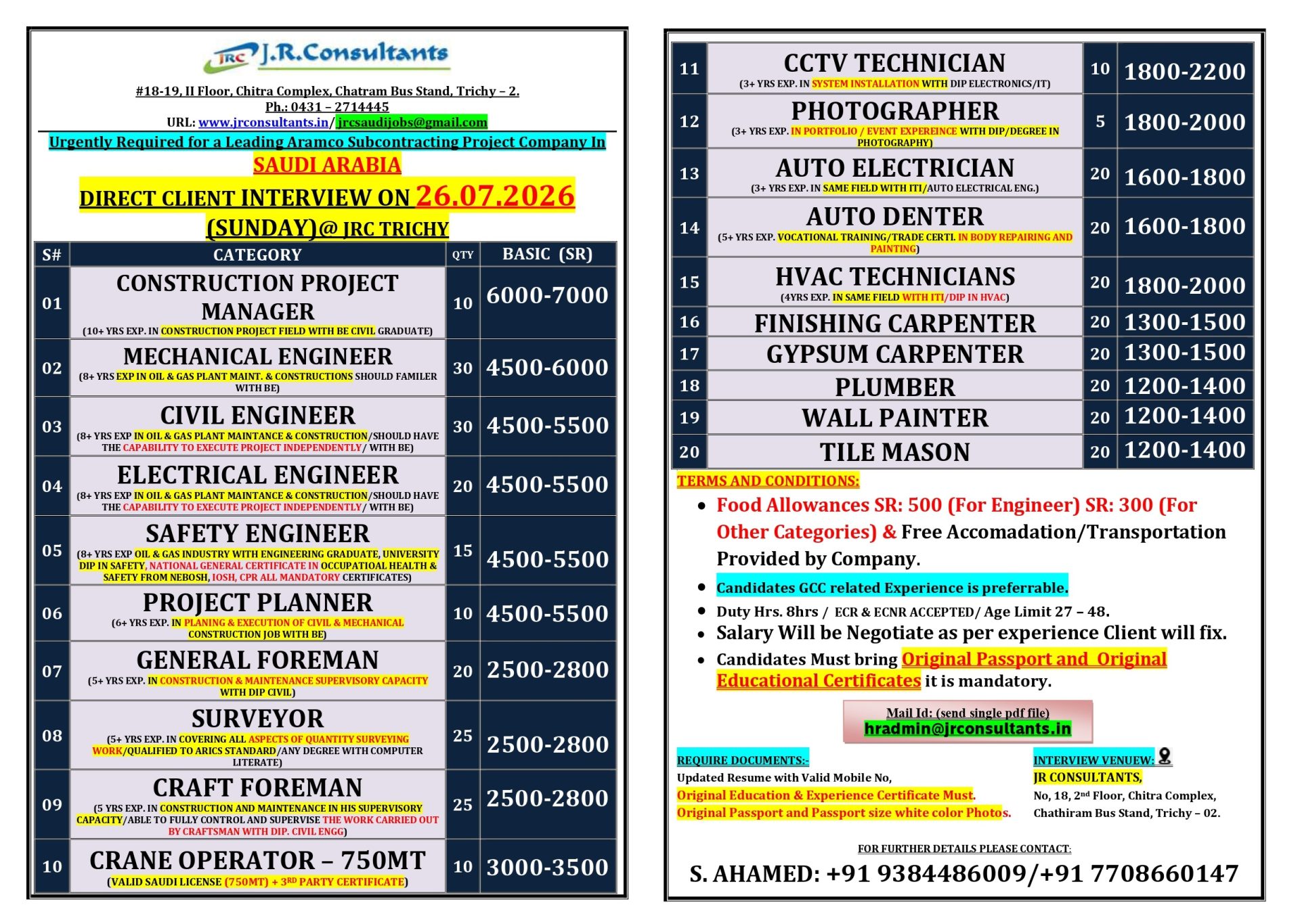 ENGINEERING, FOREMAN, CIVIL, AUTO, CRANE — JR CONSULTANTS, SAUDI ARABIA