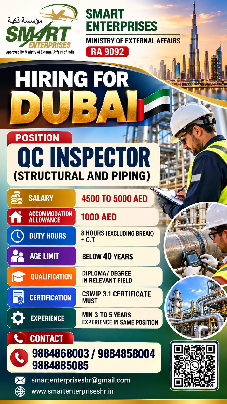 QC INSPECTOR (PIPING AND STRUCTURAL) — smartenterpriseshr@gmail.com, UAE, UAE
