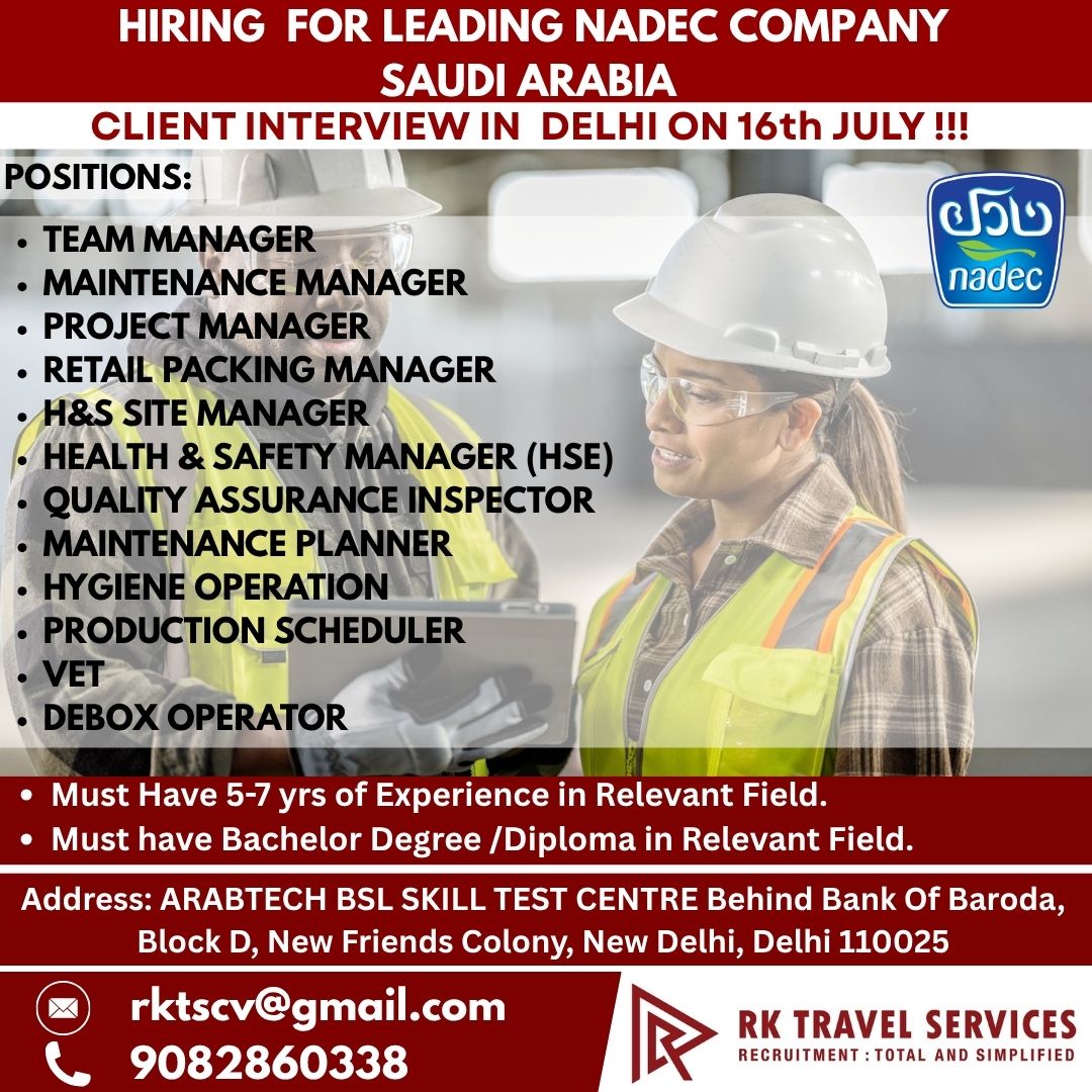 Multiple Positions - NADEC Company Saudi Arabia — RK Travel Services, Saudi Arabia, Saudi Arabia