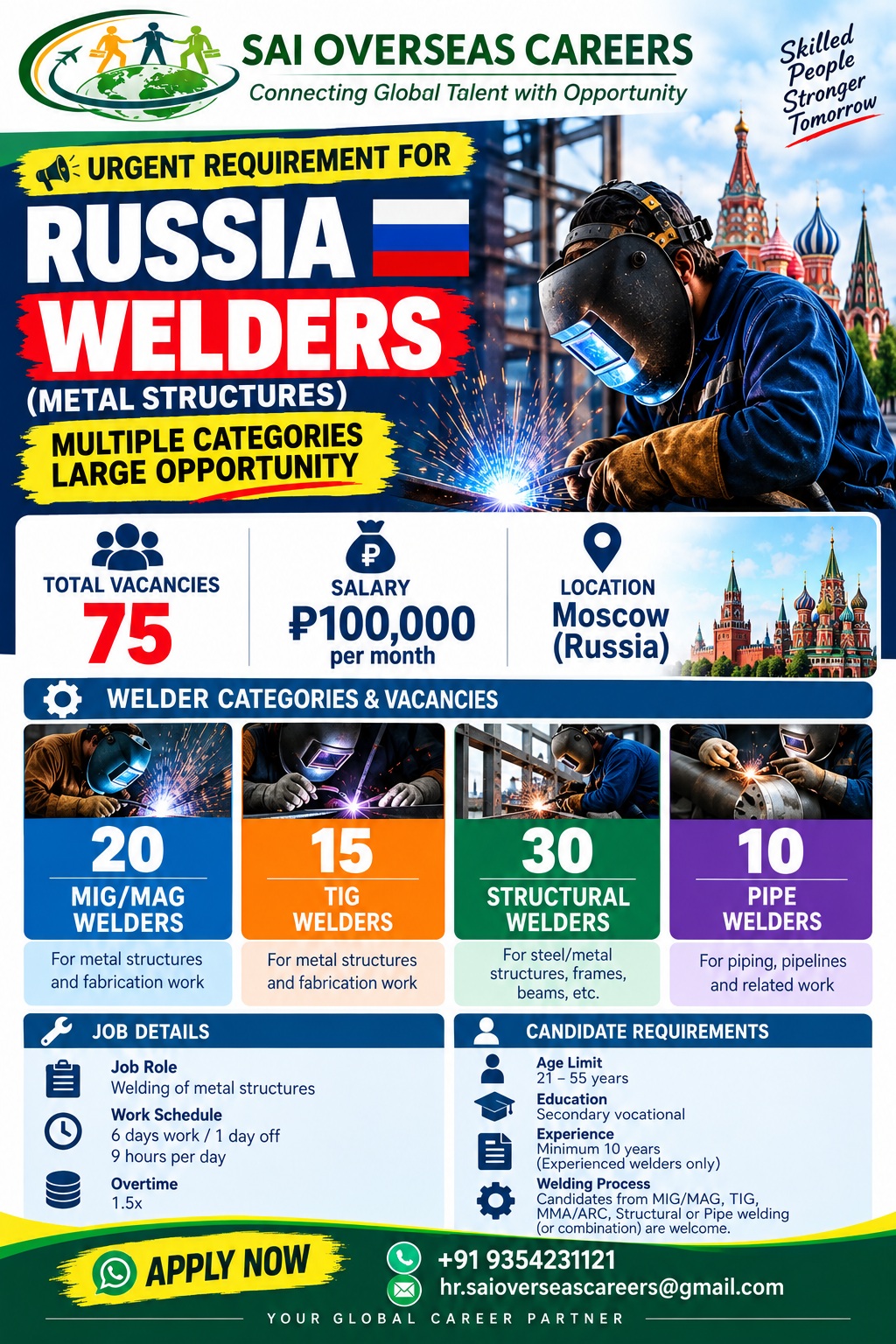URGENT RECRUITMENT – WELDERS REQUIRED IN RUSSIA — Sai Overseas Careers, Russia