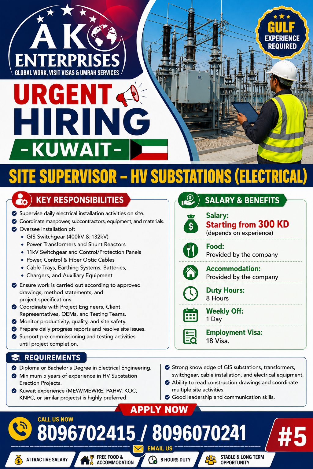 Urgent Hiring – Kuwait  Site Supervisor – HV Substations (Electrical)