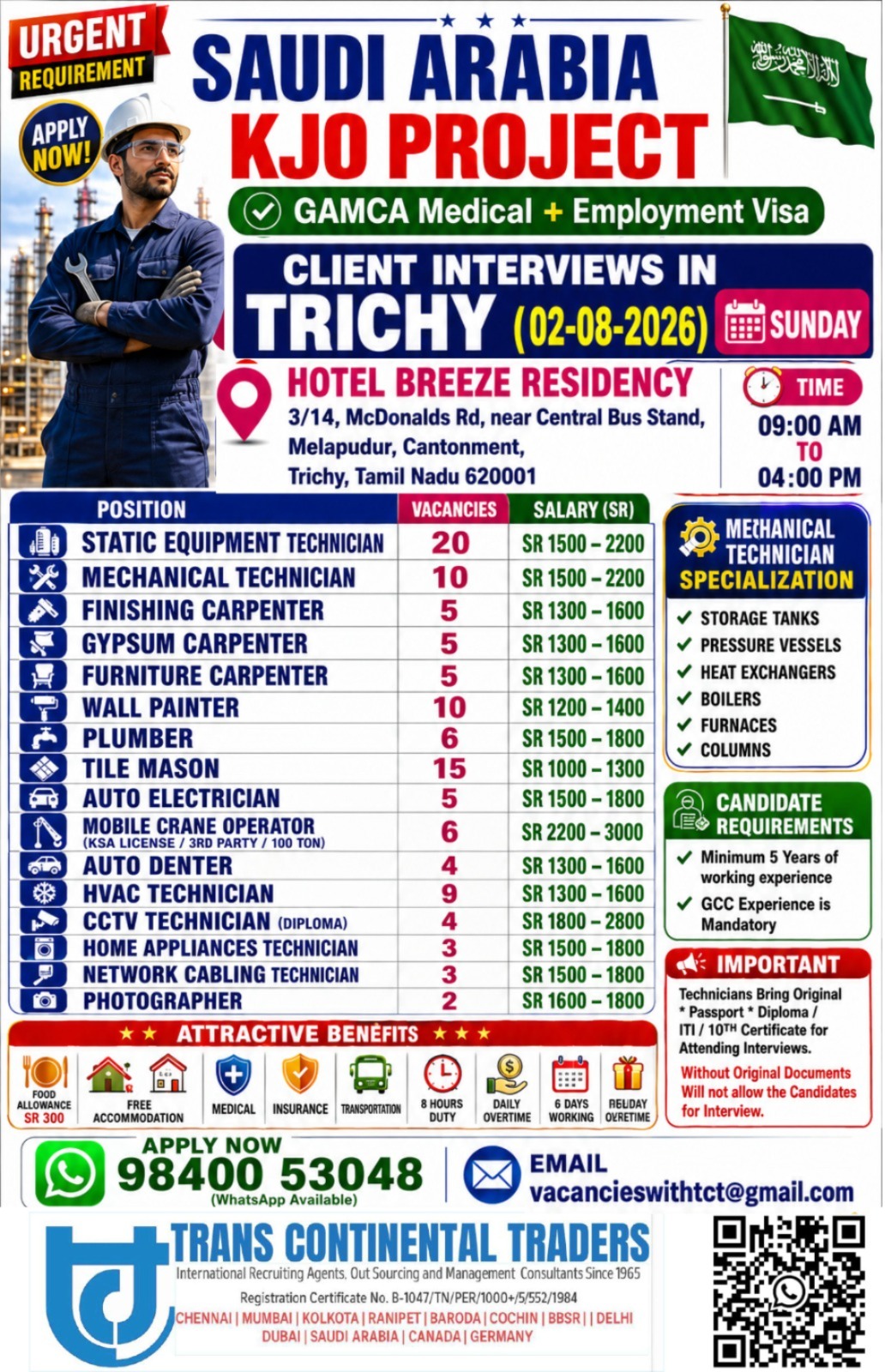 SAUDI ARABIA KHAFJI OIL&GAS PROJECT | CLIENT INTERVIEWS IN TRICHY 02-08-2026 CALL FOR MORE DETAILS 9791553048 — Trans Continental Traders, Saudi Arabia, Saudi Arabia