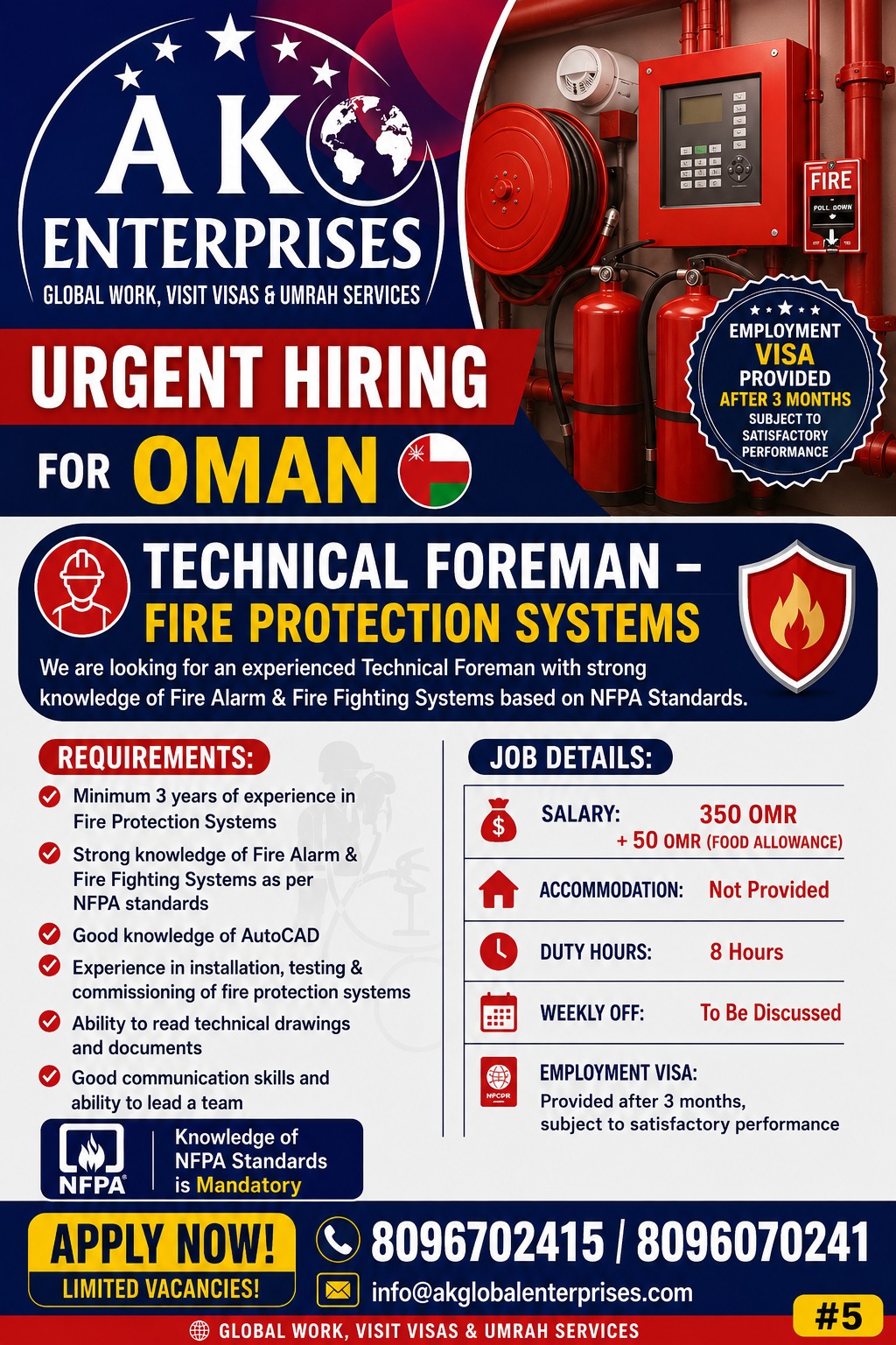 Urgently Hiring for Oman -Technical Foreman-Fire Protection System — AK ENTERPRISES, Oman