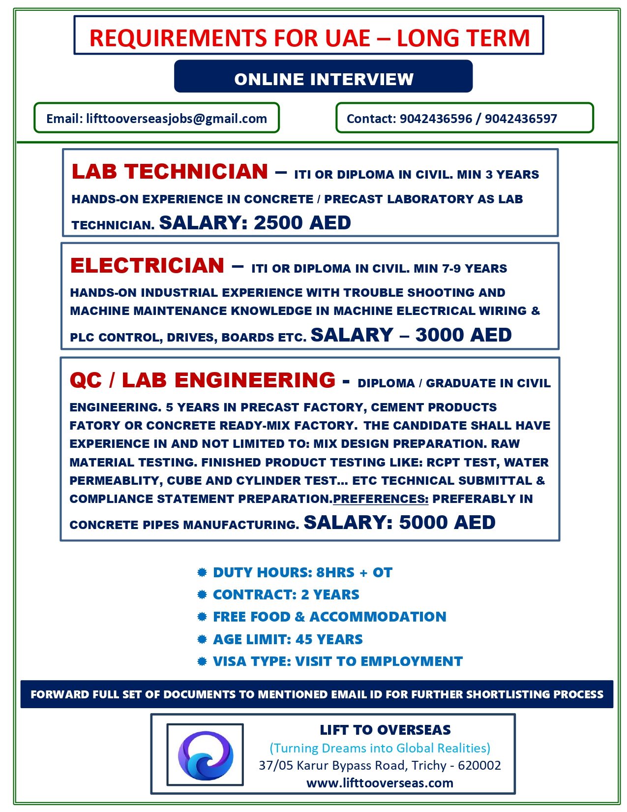 LAB TECHNICIAN , QC LAB ENGINEER — Lift To Overseas, UAE ABUDHABI, UAE ABUDHABI