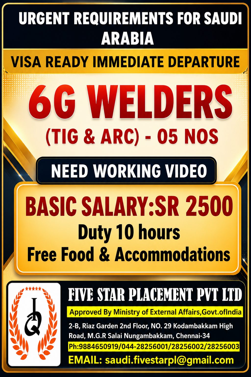 VISA READY IMMEDIATE DEPARTURE - 6G WELDERS