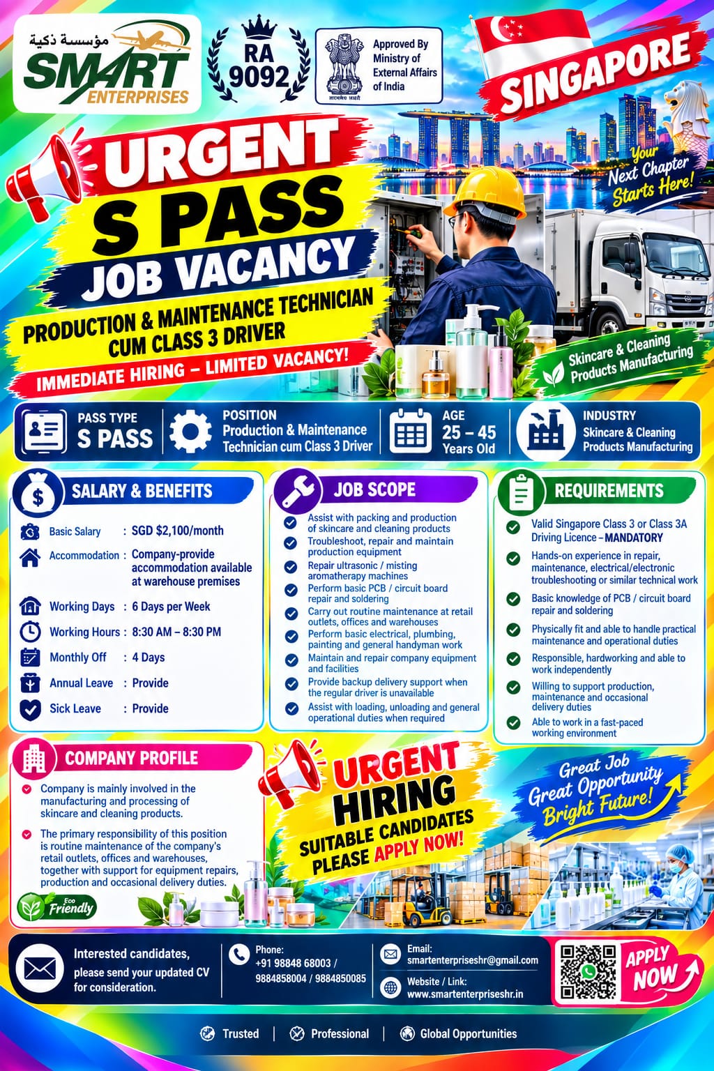 PRODUCTION AND MAINTENANCE TECHNICIAN CUM CLASS 3 DRIVER — smartenterpriseshr@gmail.com, SINGAPORE, SINGAPORE