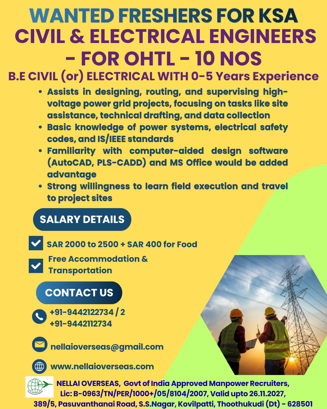 FRESHER - Civil & Electrical Engineers for OHTL