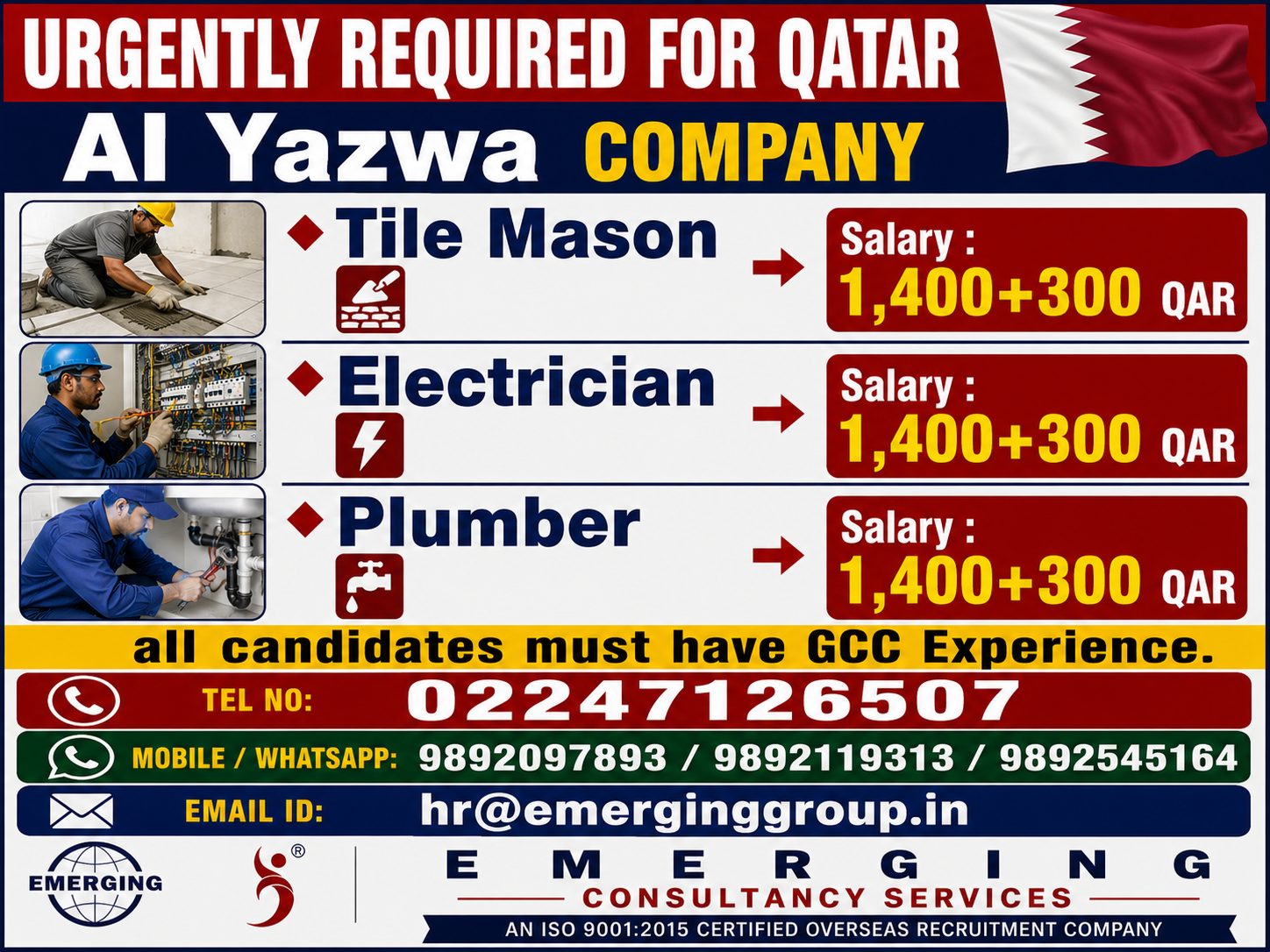 Qatar – Tile Mason, Electrician, Plumber (Al Yazwa Company) — Emerging Consultancy Services, QATAR