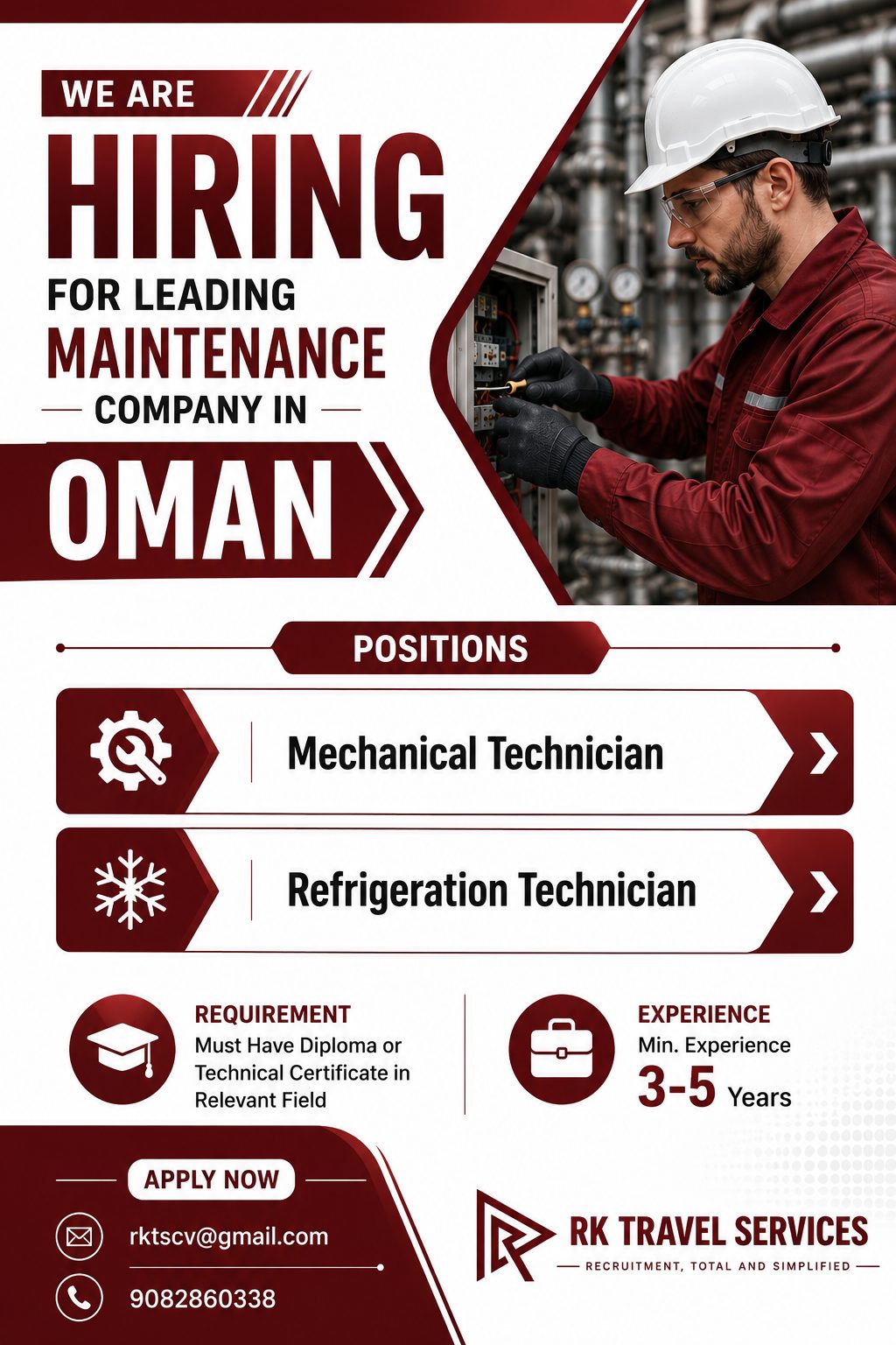 Maintenance Technician Positions — RK Travel Services, Oman, Oman