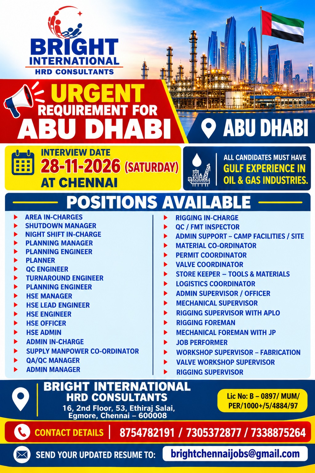 URGENT REQURIMENT FOR UAE — Bright International, Chennai, UAE, UAE