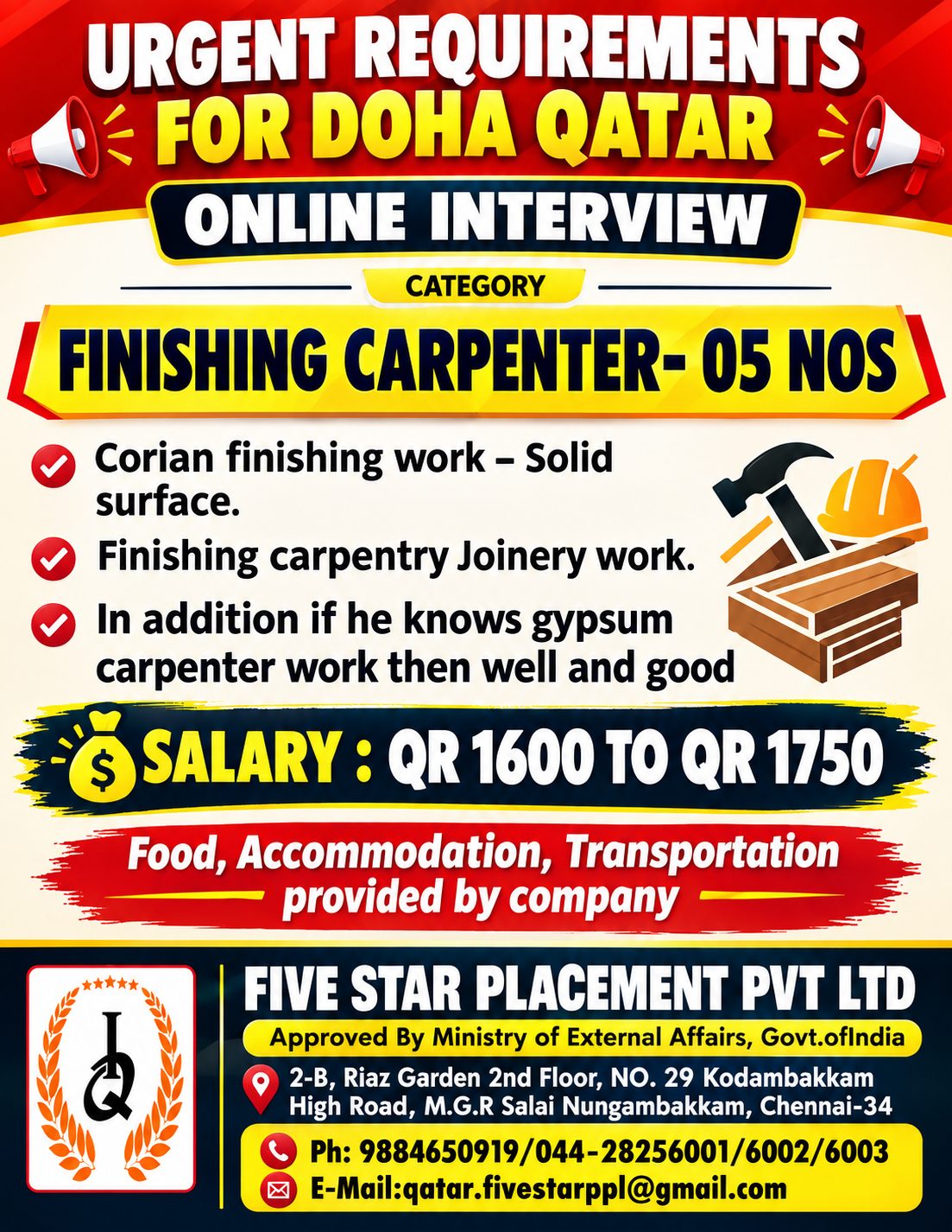URGENT REQUIREMENTS FOR DOHA QATAR - ONLINE INTERVIEW