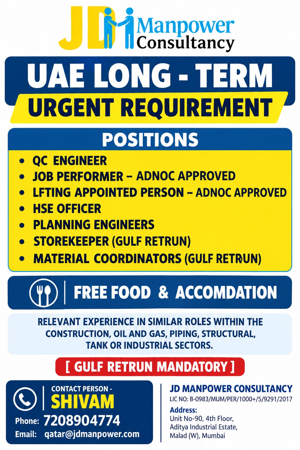 UAE Long-Term Urgent Requirement — JD Manpower Consultancy, UAE, UAE