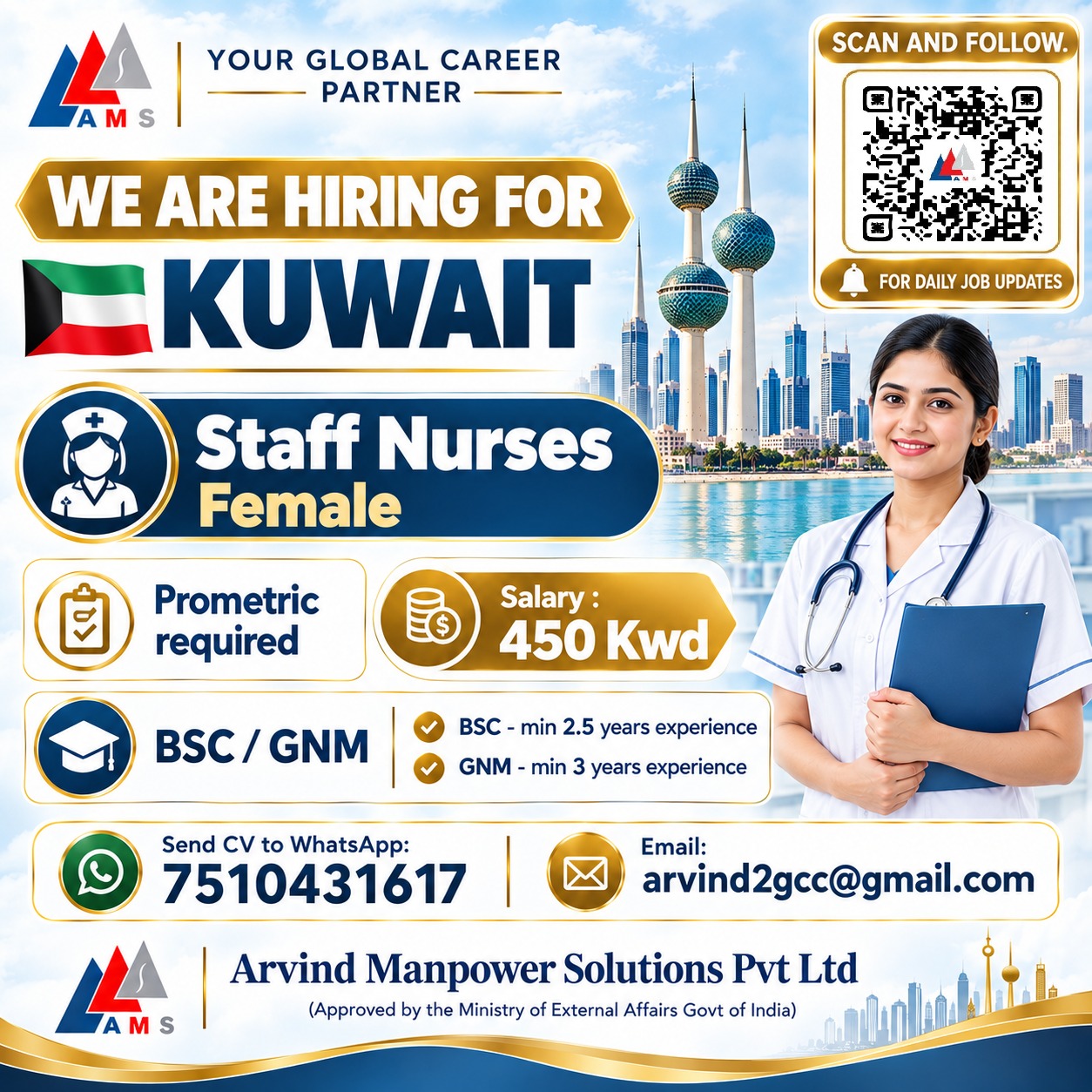 Staff Nurses Female — Arvind Manpower Solutions Pvt ltd, Kuwait, Kuwait