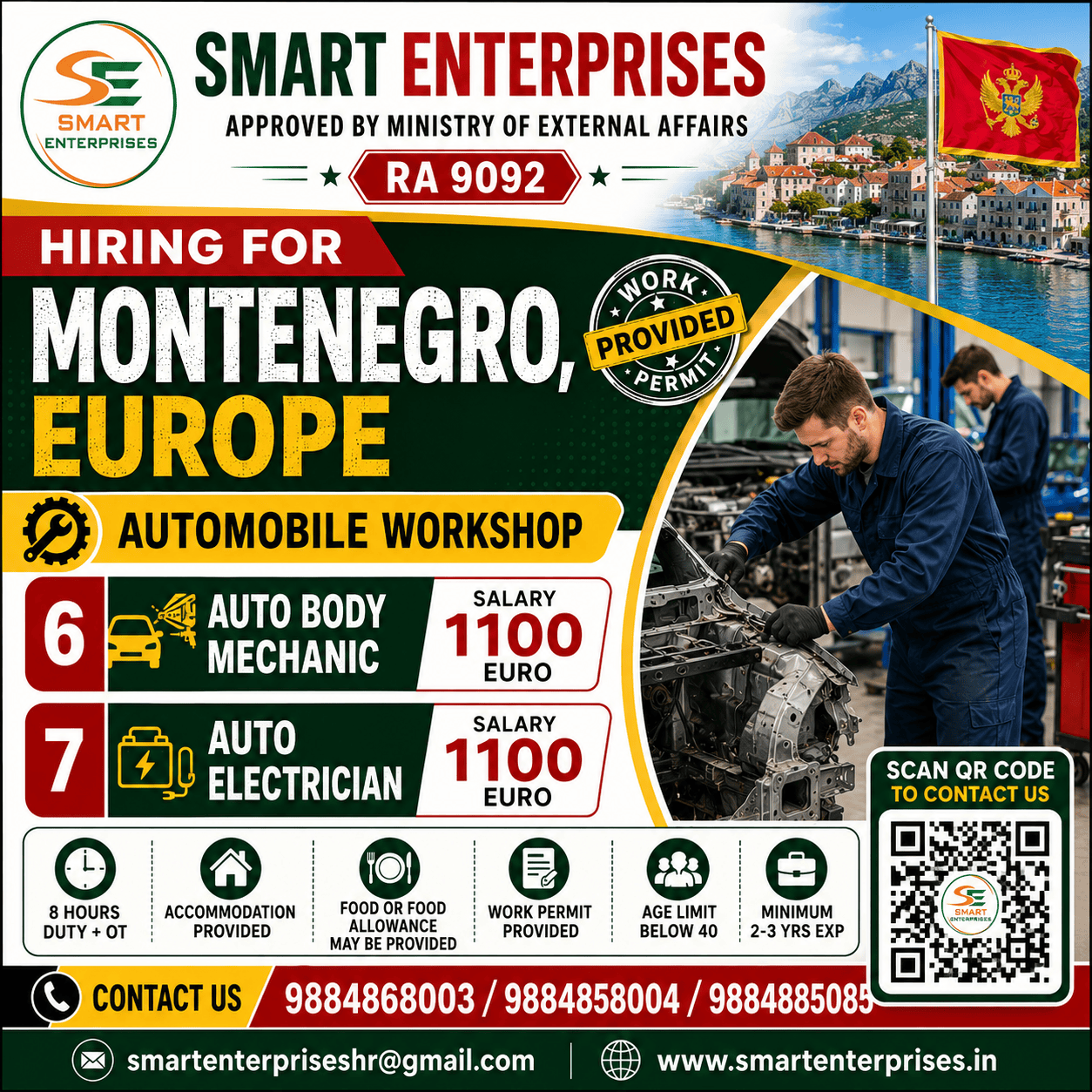 AUTO BODY MECHANIC Salary: 1100 EURO  7. AUTO ELECTRICIAN Salary: 1100 EURO — smartenterpriseshr@gmail.com, EUROP, EUROP