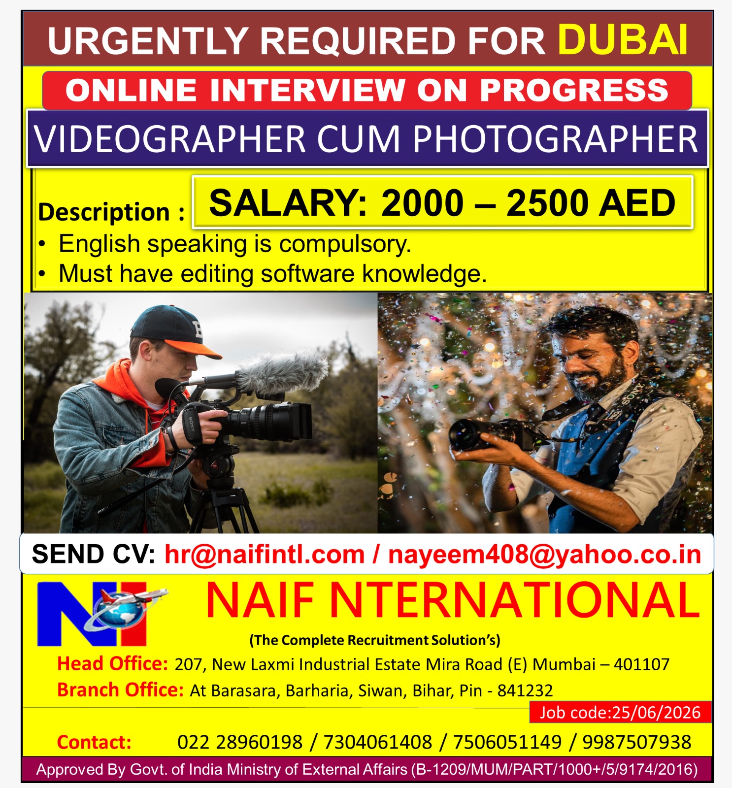 Videographer cum Photographer for DUbai