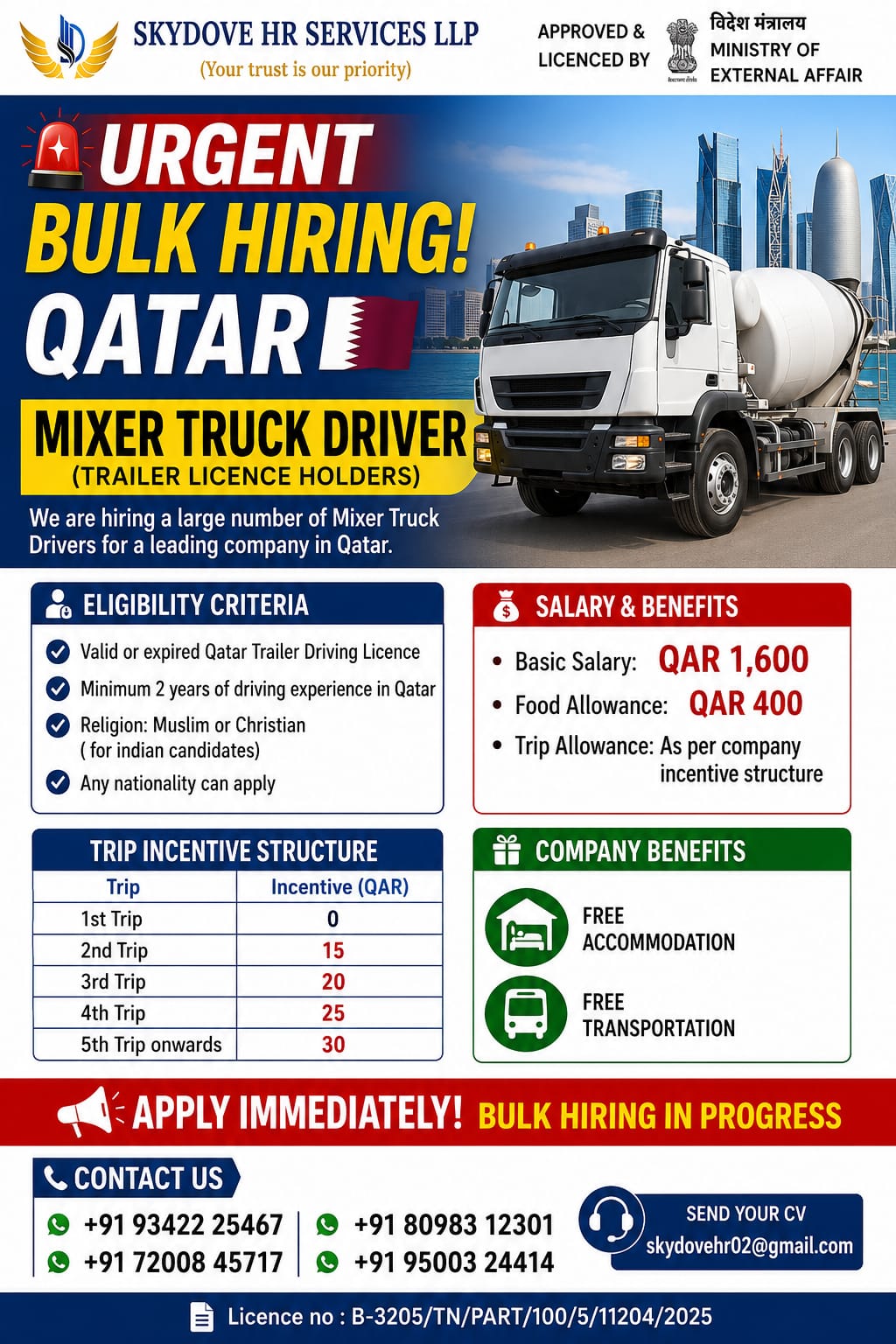Mixer Truck Driver — SKY DOVE HR SERVICES LLP, Qatar, Qatar