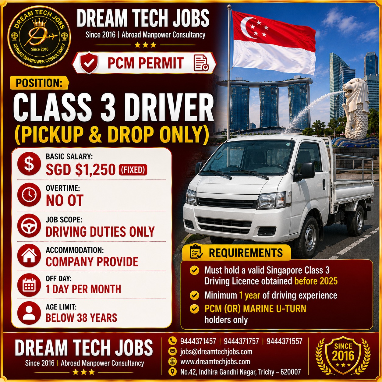 Class 3 Driver (Pickup & Drop Only) — Dream Tech Jobs - Trichy, Singapore