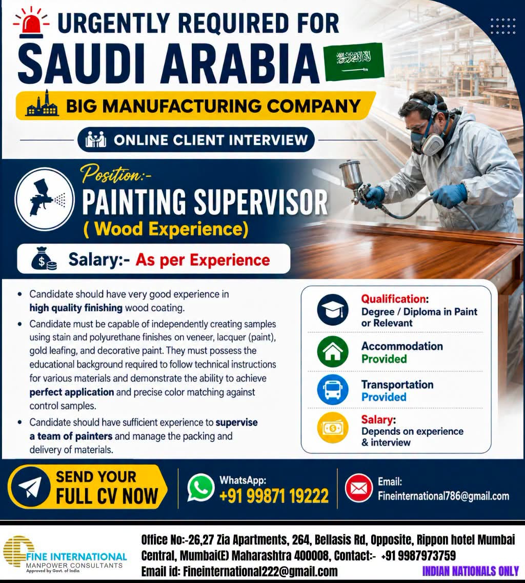 🚨 URGENT HIRING – SAUDI ARABIA 🇸🇦 Position: Painting Supervisor (Wood Finishing Experience)