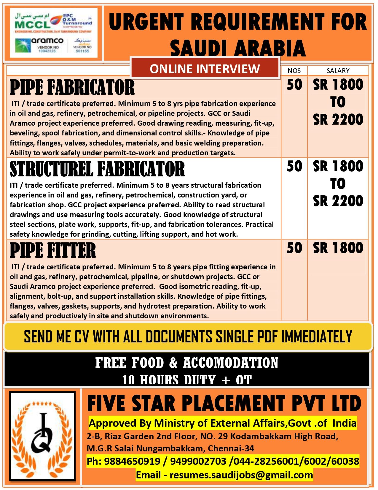 URGENT REQUIREMENT FOR SAUDI ARABIA - fabricators — Five Star Placement Pvt Ltd, SAUDI ARABIA, SAUDI ARABIA