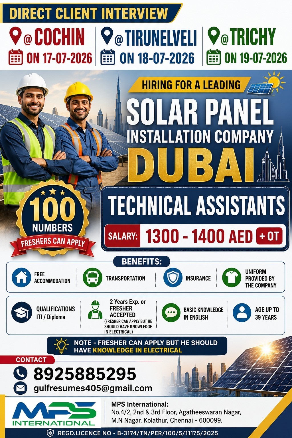 Technical Assistants - Solar Panel Installation Direct Client Interview: Cochin on 17-07-2026, Tirunelveli on 18-07-2026, Trichy on 19-07-2026 — MPS INTERNATIONAL, United Arab Emirates, United Arab Emirates