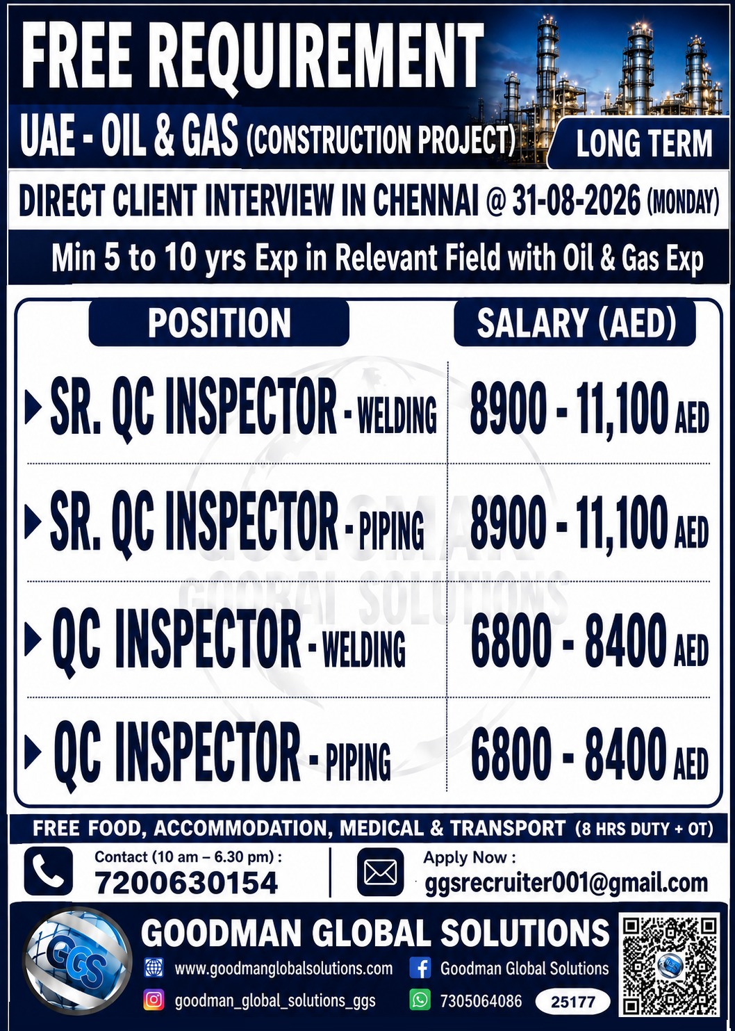 FREE REQUIREMENT - UAE - OIL & GAS - LONG TERM (CONSTRUCTION PROJECT ) DIRECT CLIENT INTERVIEW IN CHENNAI @31-08-2026( MONDAY )