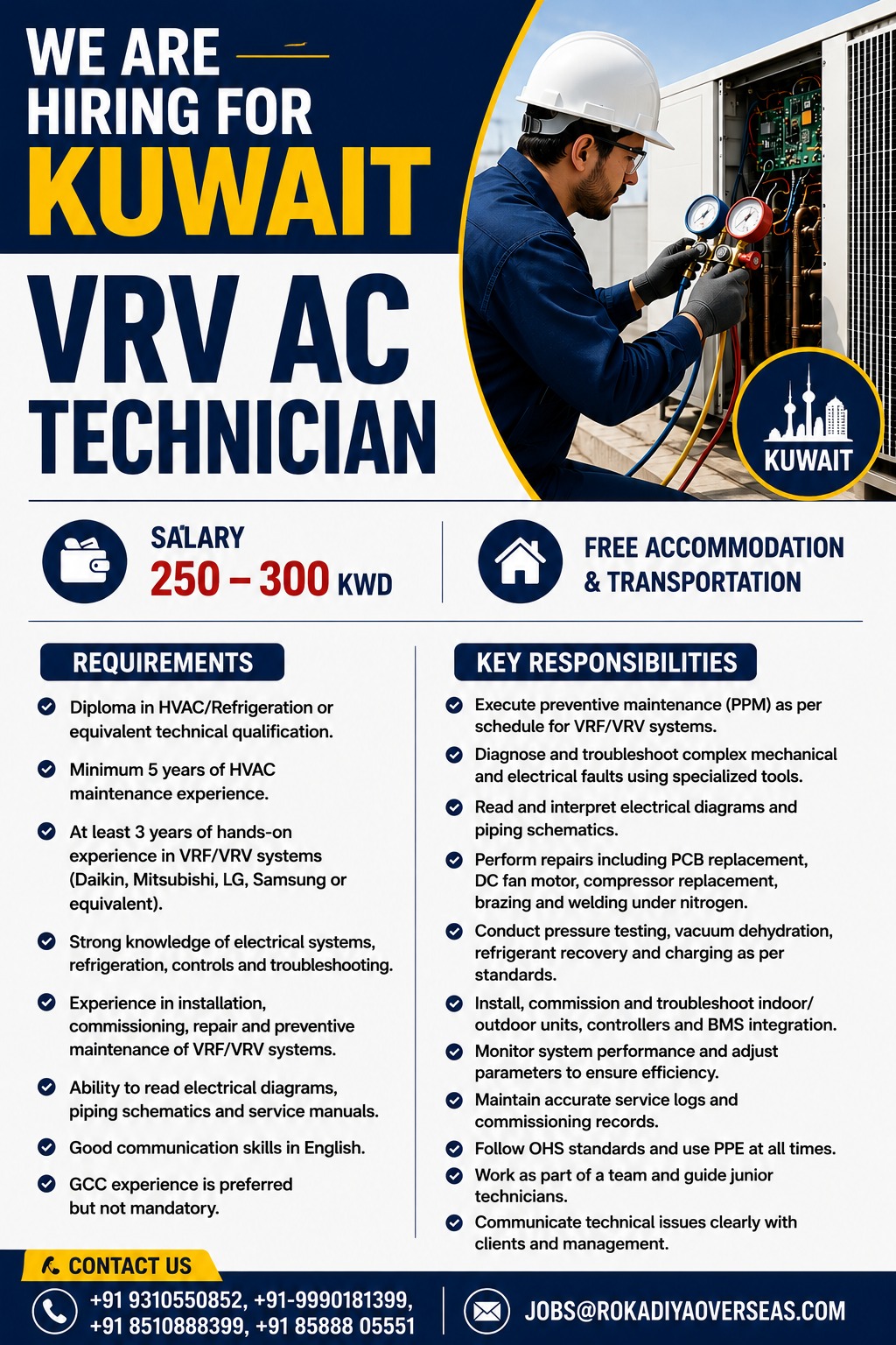 VRC AC TECHNICIAN — ROKADIYA OVERSEAS, Kuwait, Kuwait