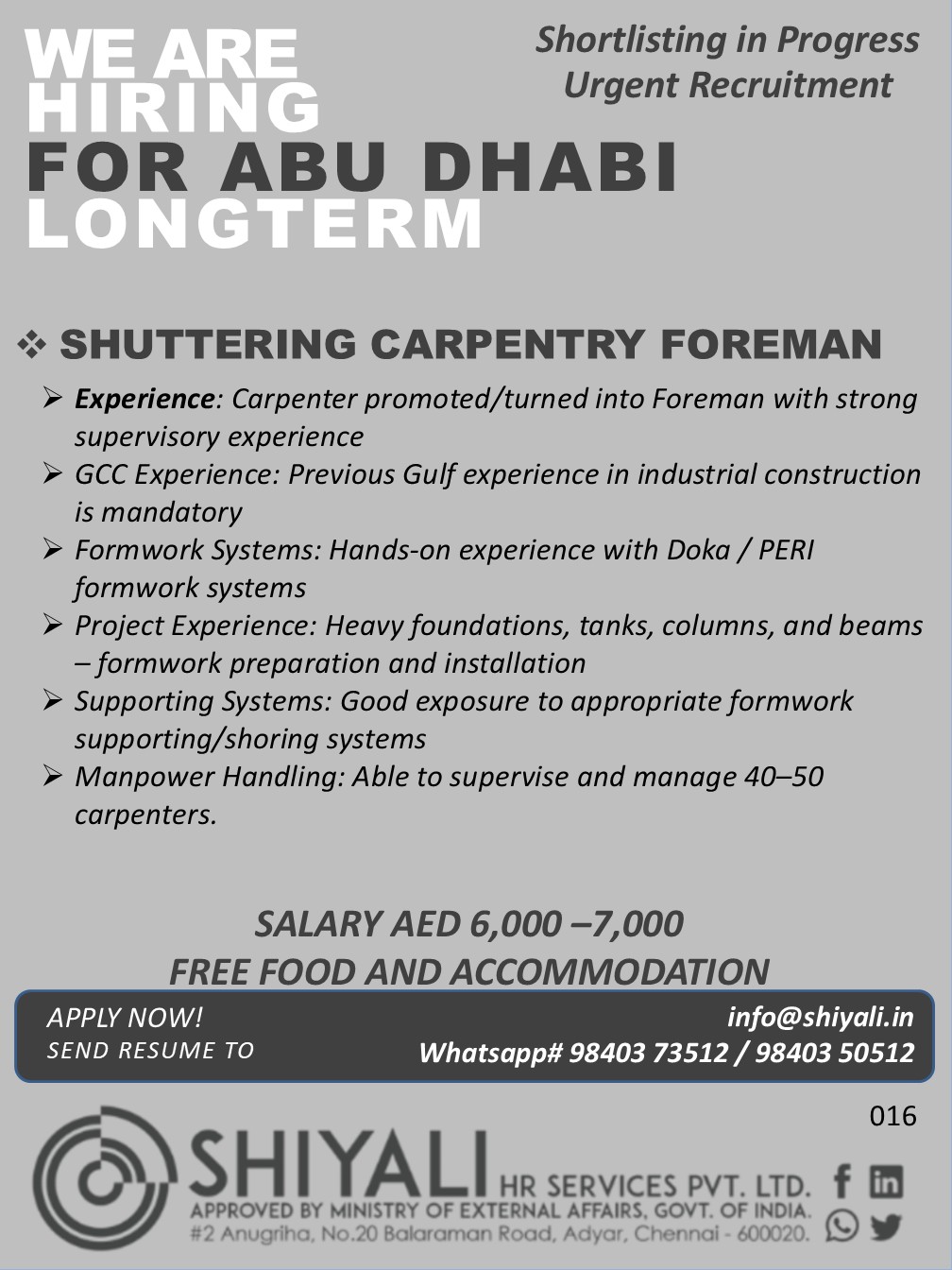 Shuttering Carpentry Foreman