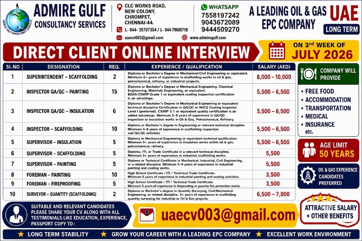 Direct Client Online Interview - Oil & Gas EPC Company — admire gulf consultancy services, UAE, UAE