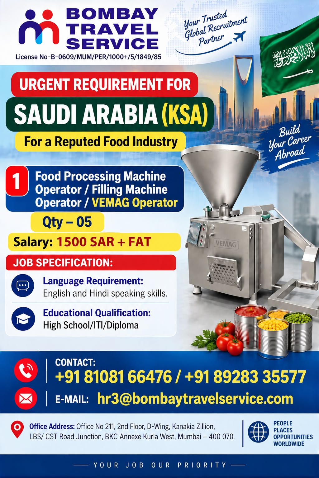 BTS URGENTLY REQUIRED FOR KSA REPUTED FOOD AND PROCESSING CO.