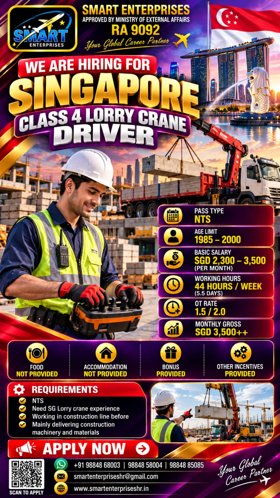 CLASS 4 LORRY CRANE DRIVER — smartenterpriseshr@gmail.com, SINGAPORE