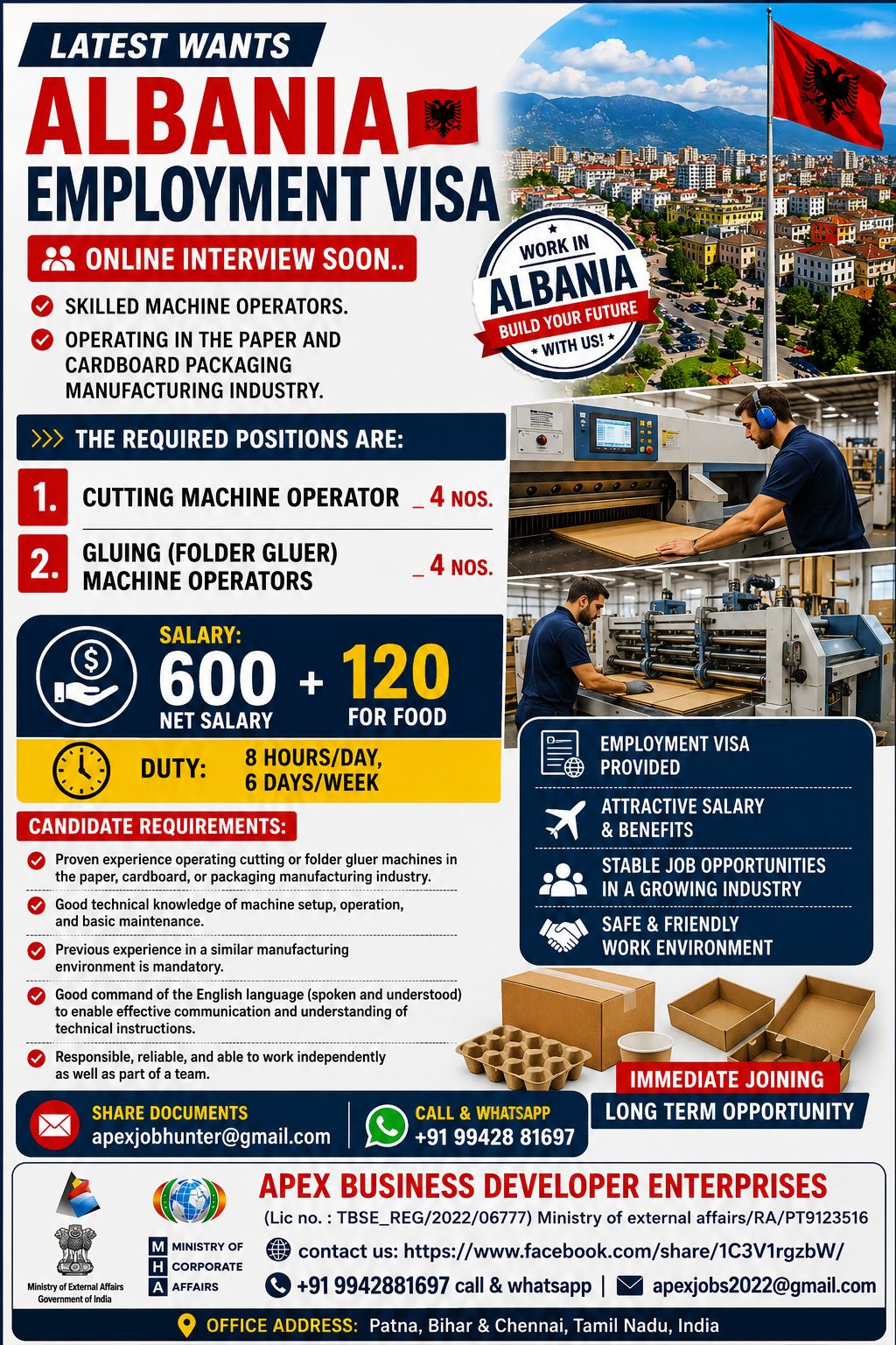 Albania Employment Visa - Skilled Machine Operators — Apex Business Developer Enterp, Albania