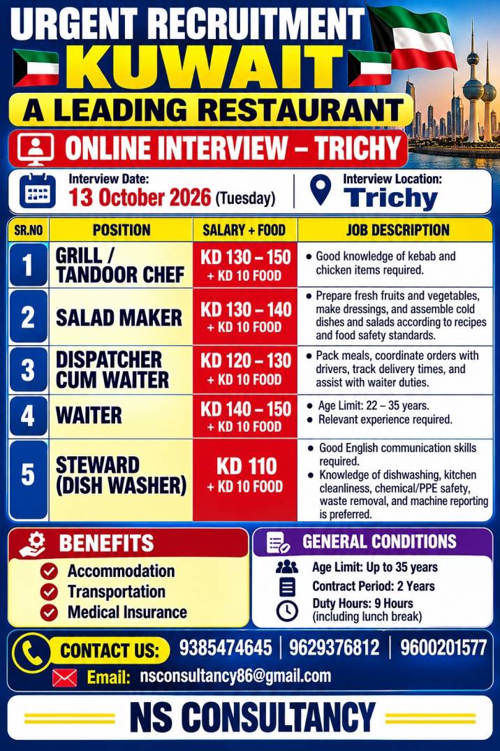 Leading restaurant requirement for kuwait — nsconsultancy, KUWAIT, KUWAIT