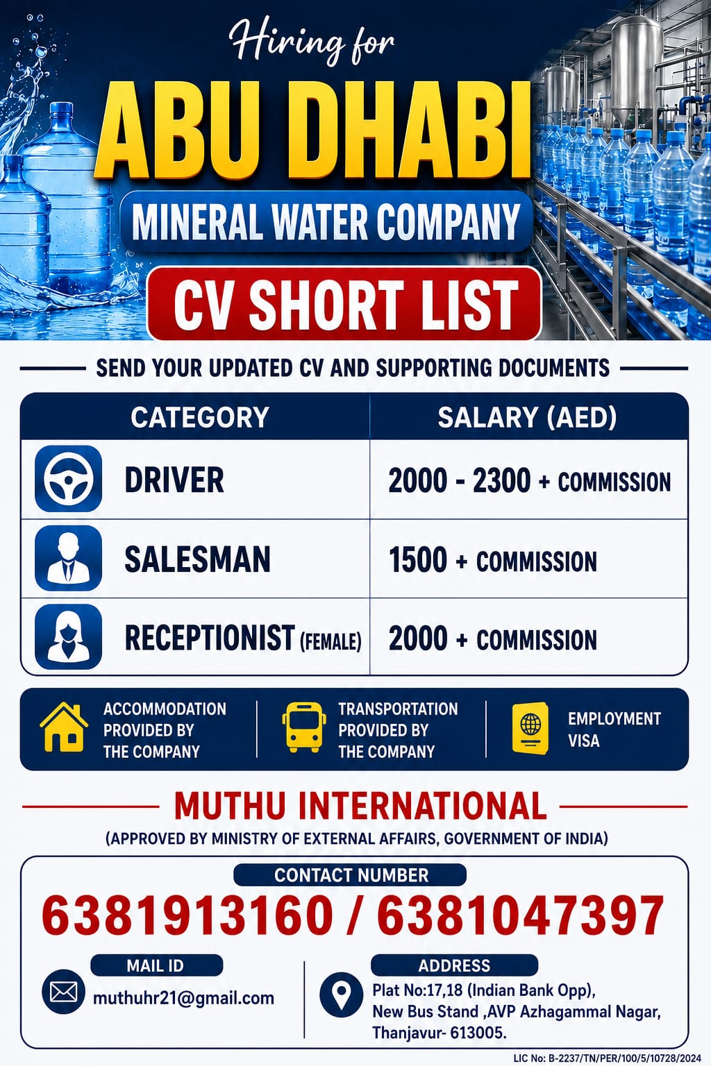 Abu Dhabi Mineral Water Company - CV Short List.... — MUTHU INTERNATIONAL, United Arab Emirates