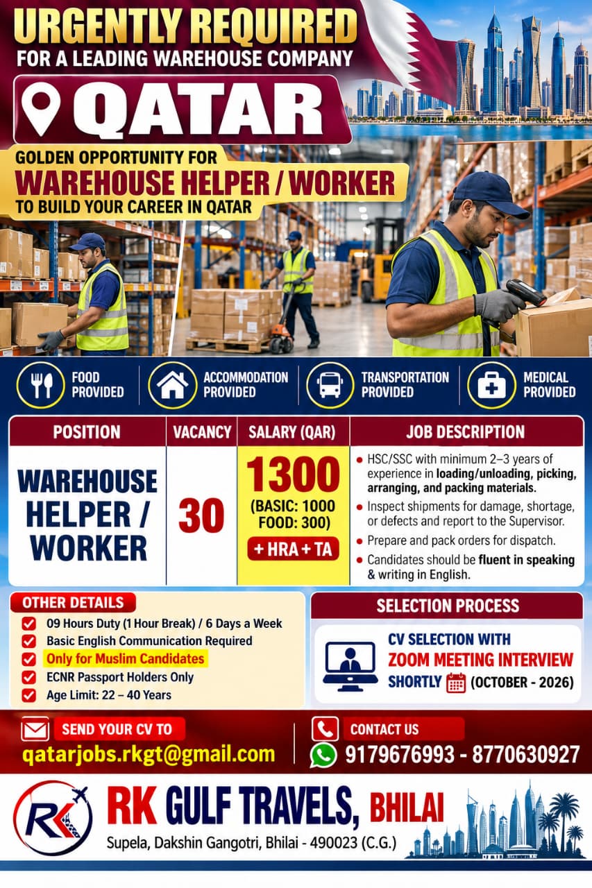 HIRING FOR A LEADING COMPANY FOR THEIR WAREHOUSE – QATAR. — RK GULF TRAVELS,BHILAI, QATAR, QATAR