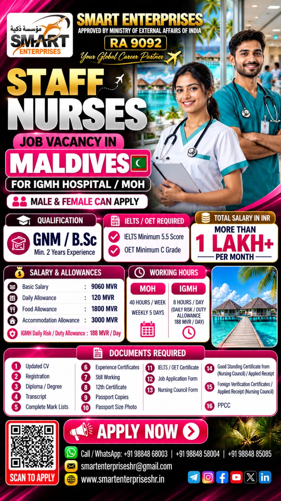 REQUIRES STAFF NURSE (MALE AND FEMALE) FOR MALDIVES