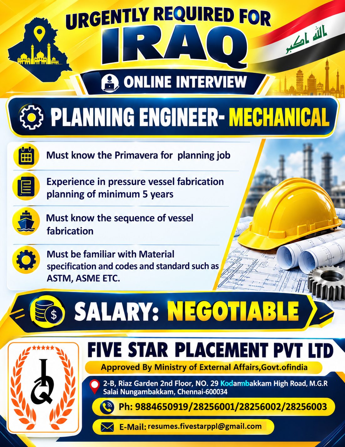 PLANNING ENGINEER- MECHANICAL  - IRAQ — Five Star Placement Pvt Ltd, IRAQ