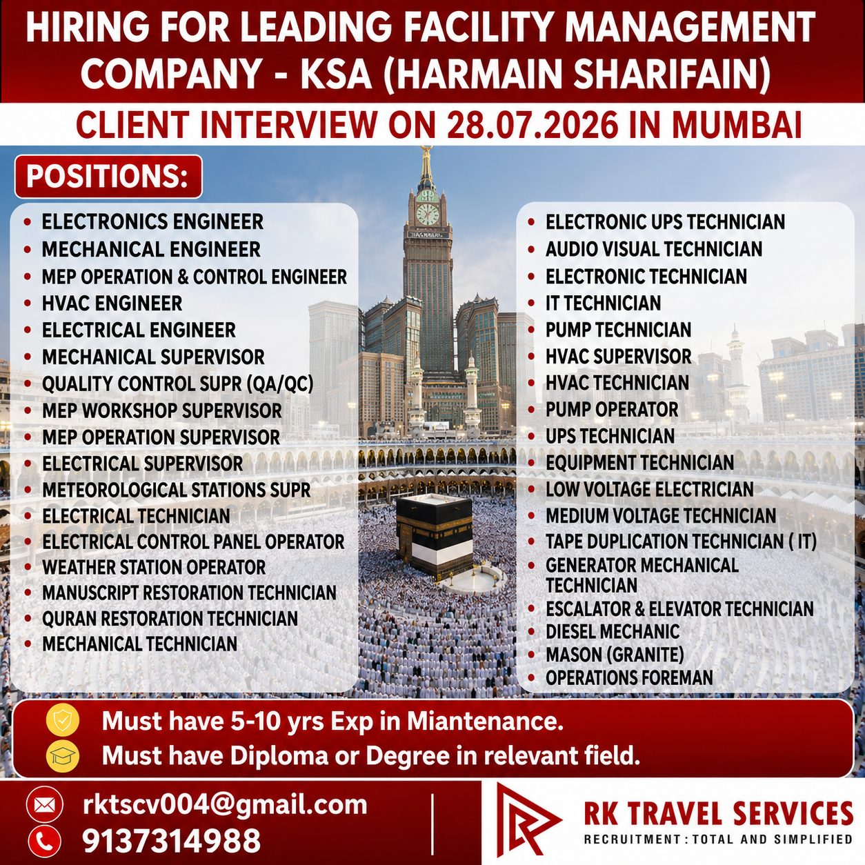 Multiple Positions - Facility Management Company — RK Travel Services, Saudi Arabia, Saudi Arabia