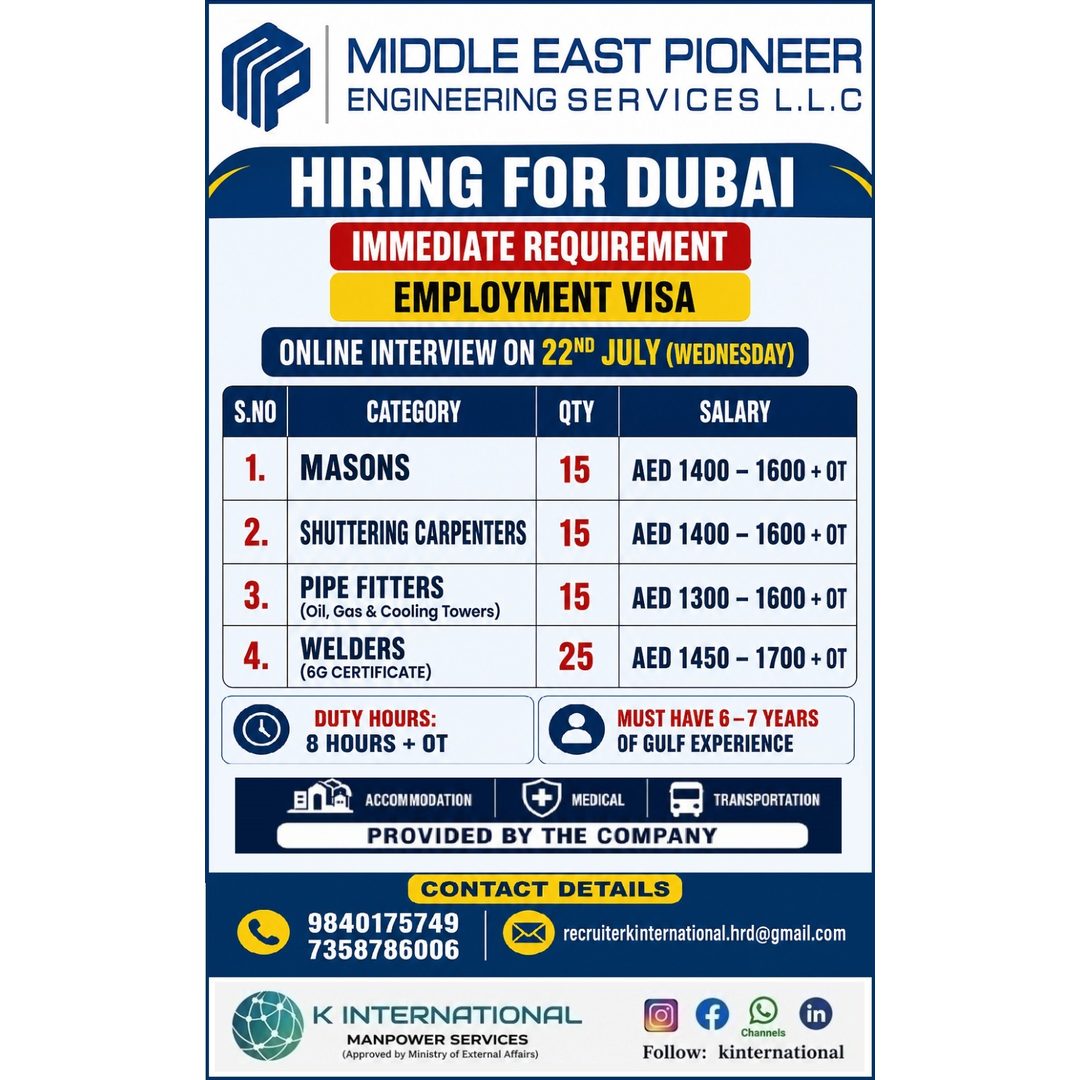 Construction & Welding Staff — K International, United Arab Emirates, United Arab Emirates