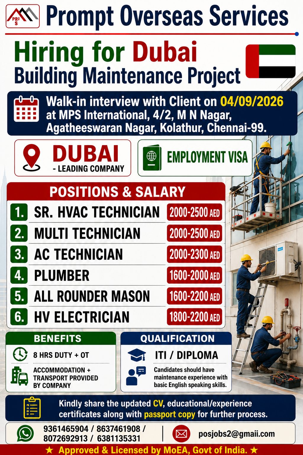 HIRING HVAC TECHNICIAN, AC TECHNICIAN, PLUMBER, MULTI TECHNICIAN, HV ELECTRICIAN,MASON