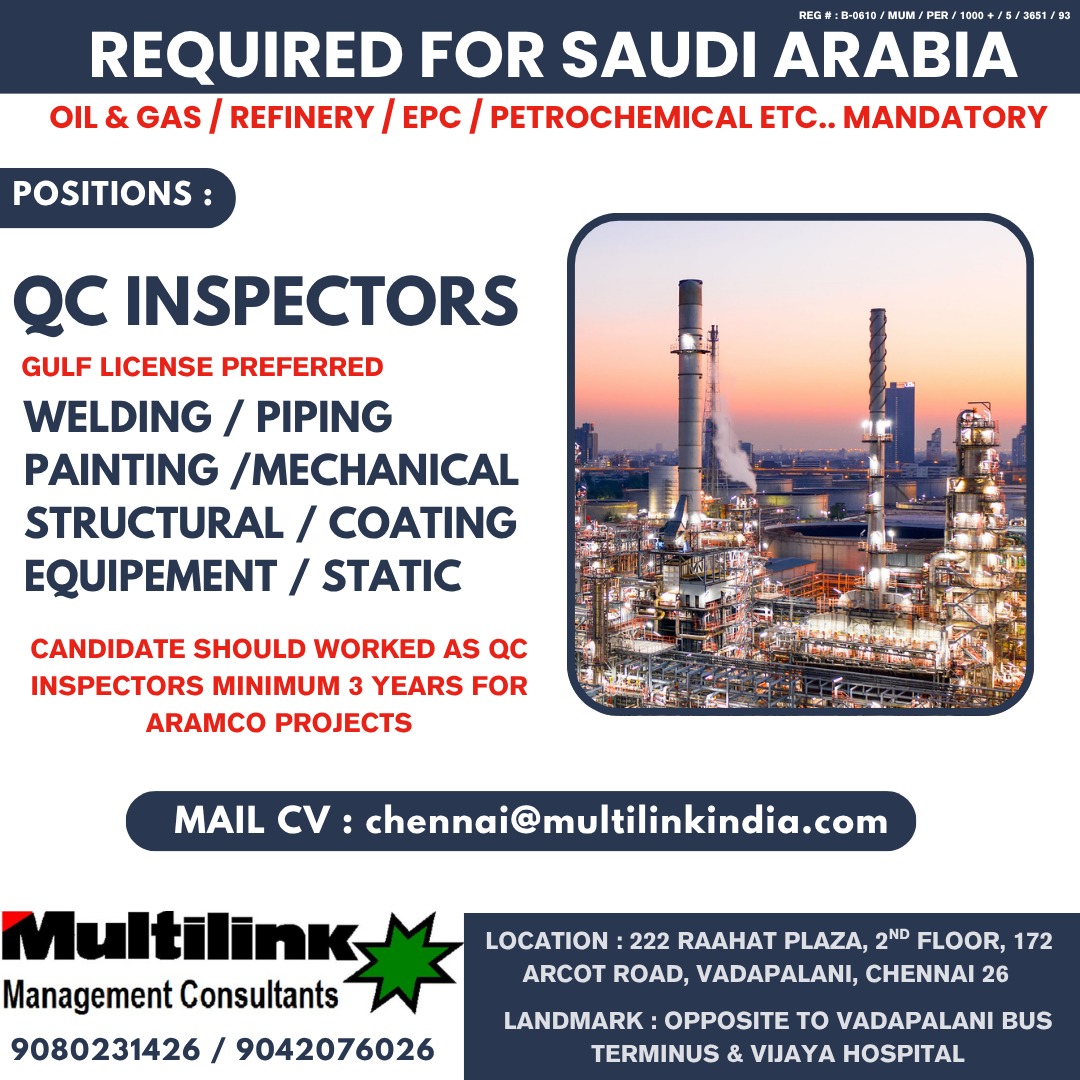 QC Inspectors for Saudi Arabia Oil & Gas Projects