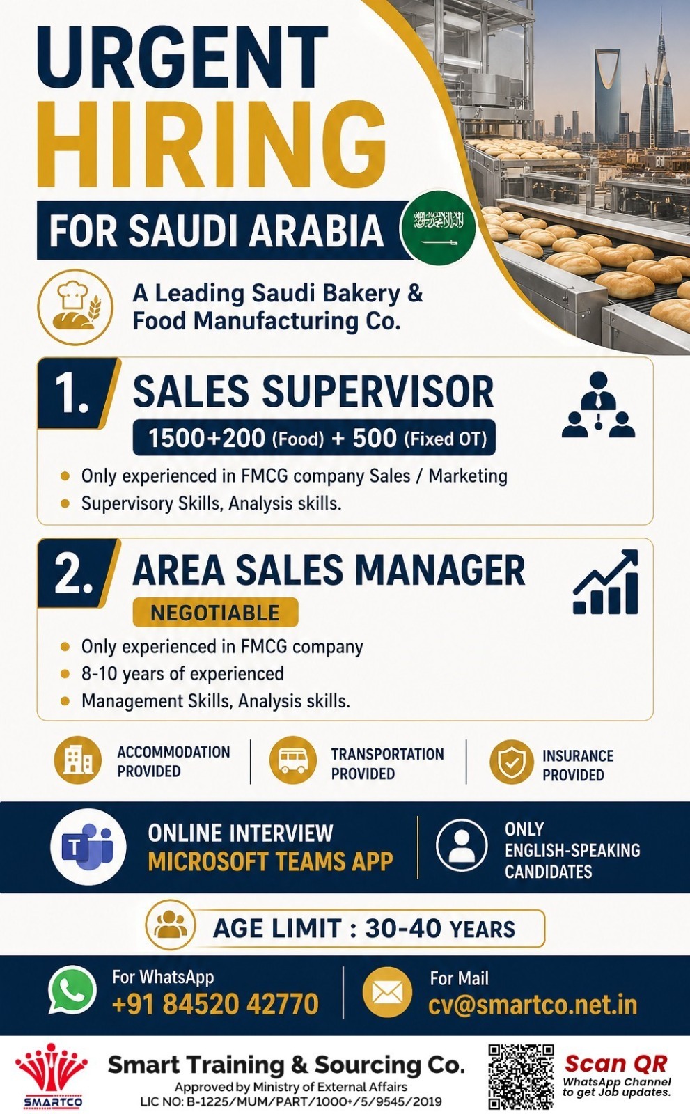 URGENT HIRING FOR SAUDI ARABIA  A Leading Saudi Bakery & Food Manufacturing Co. — Smart Training &amp; Sourcing Co, SAUDI ARABIA