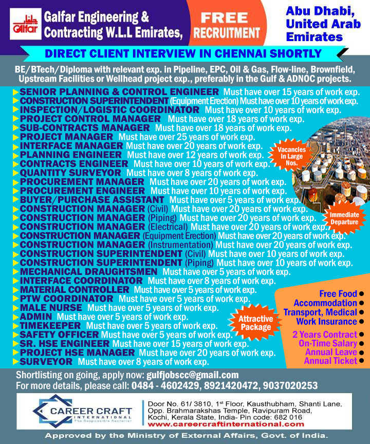 Client Interview in Chennai shortly - Absolutely Free Recruitment — CAREER CRAFT INTERNATIONAL, UAE, UAE