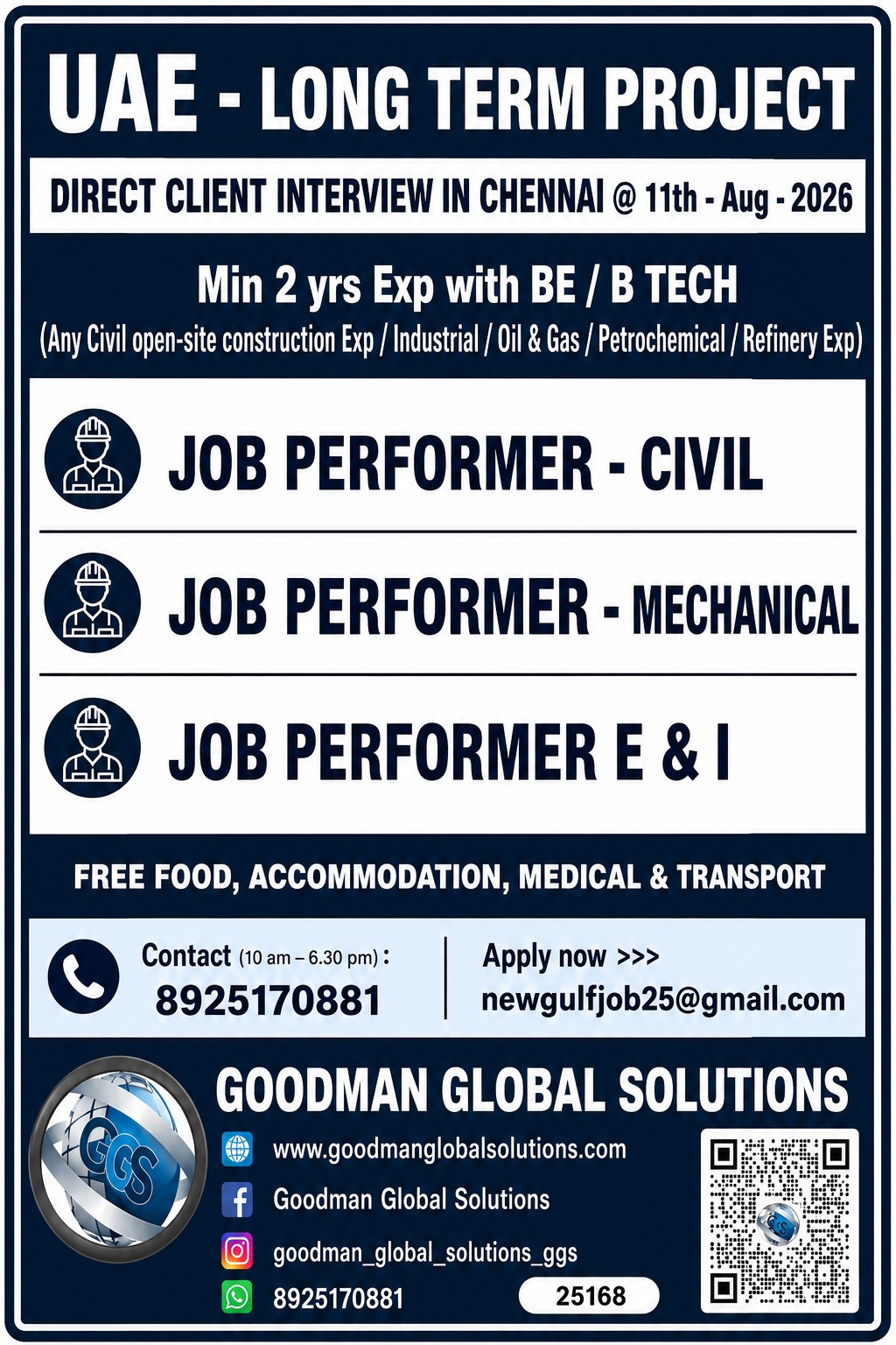 URGENT REQUIREMENT-UAE- LONG TERM DIRECT CLIENT INTERVIEW IN CHENNAI @ 11-08-2026 — GOODMAN GLOBAL SOLUTIONS, uae, uae