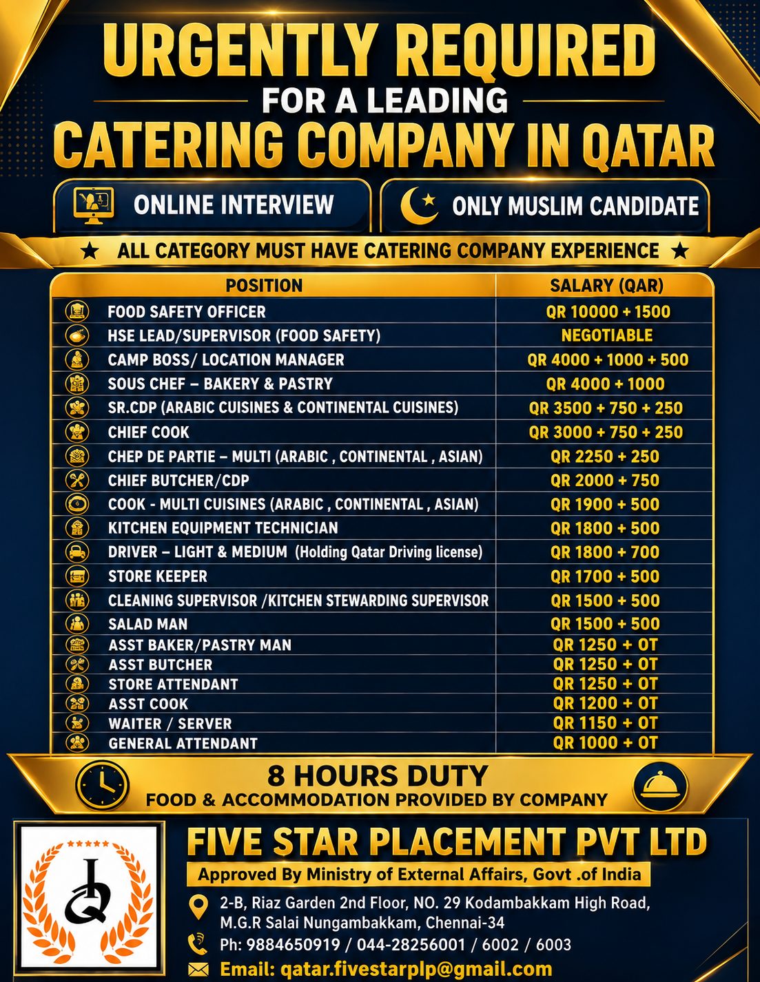 URGENTLY REQUIRED FOR A LEADING CATERING COMPANY IN QATAR