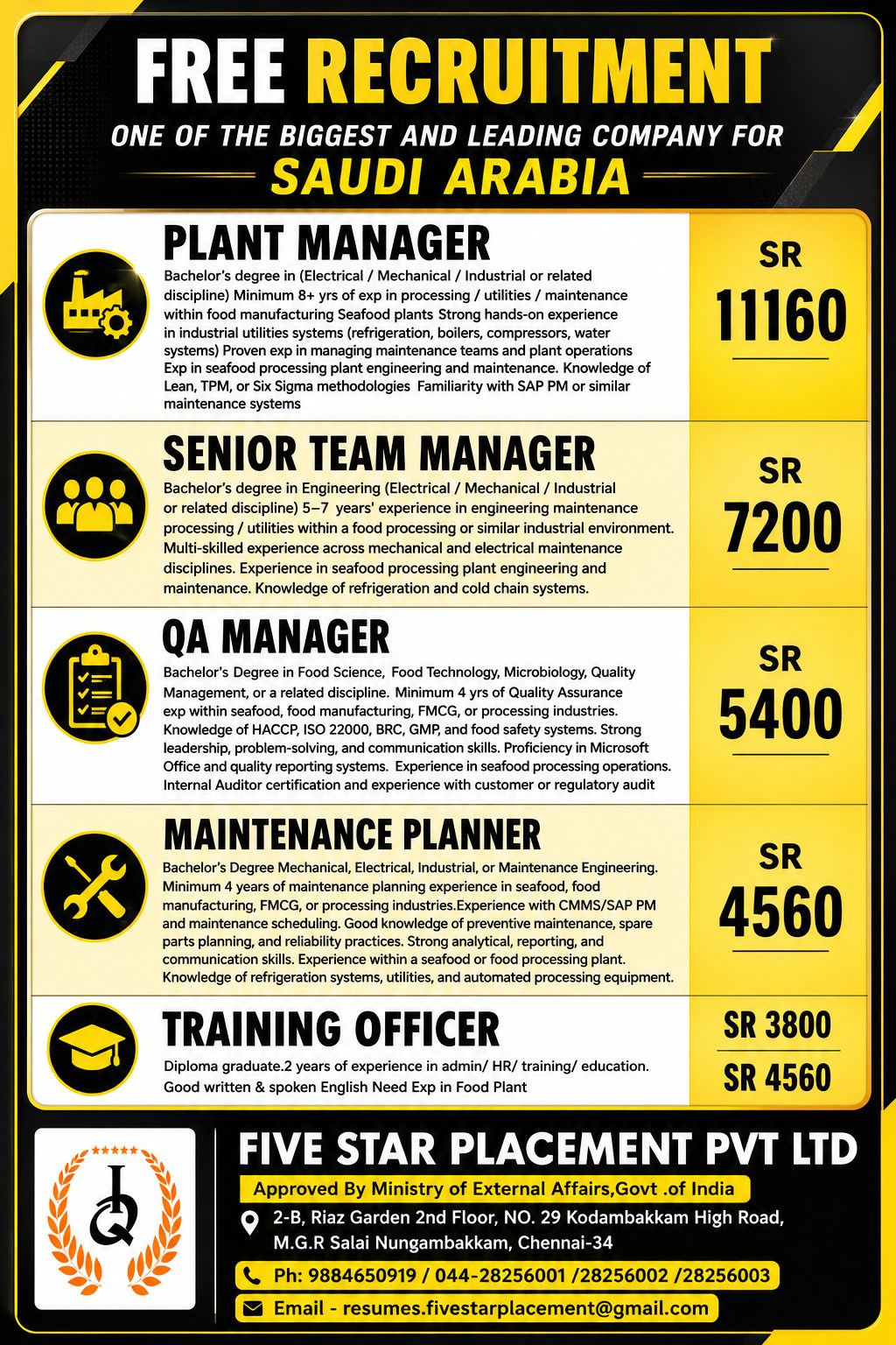 FREE REQUIREMENT FOR One of the Biggest and leading company FOR SAUDI ARABIA — Five Star Placement Pvt Ltd, SAUDI ARABIA, SAUDI ARABIA