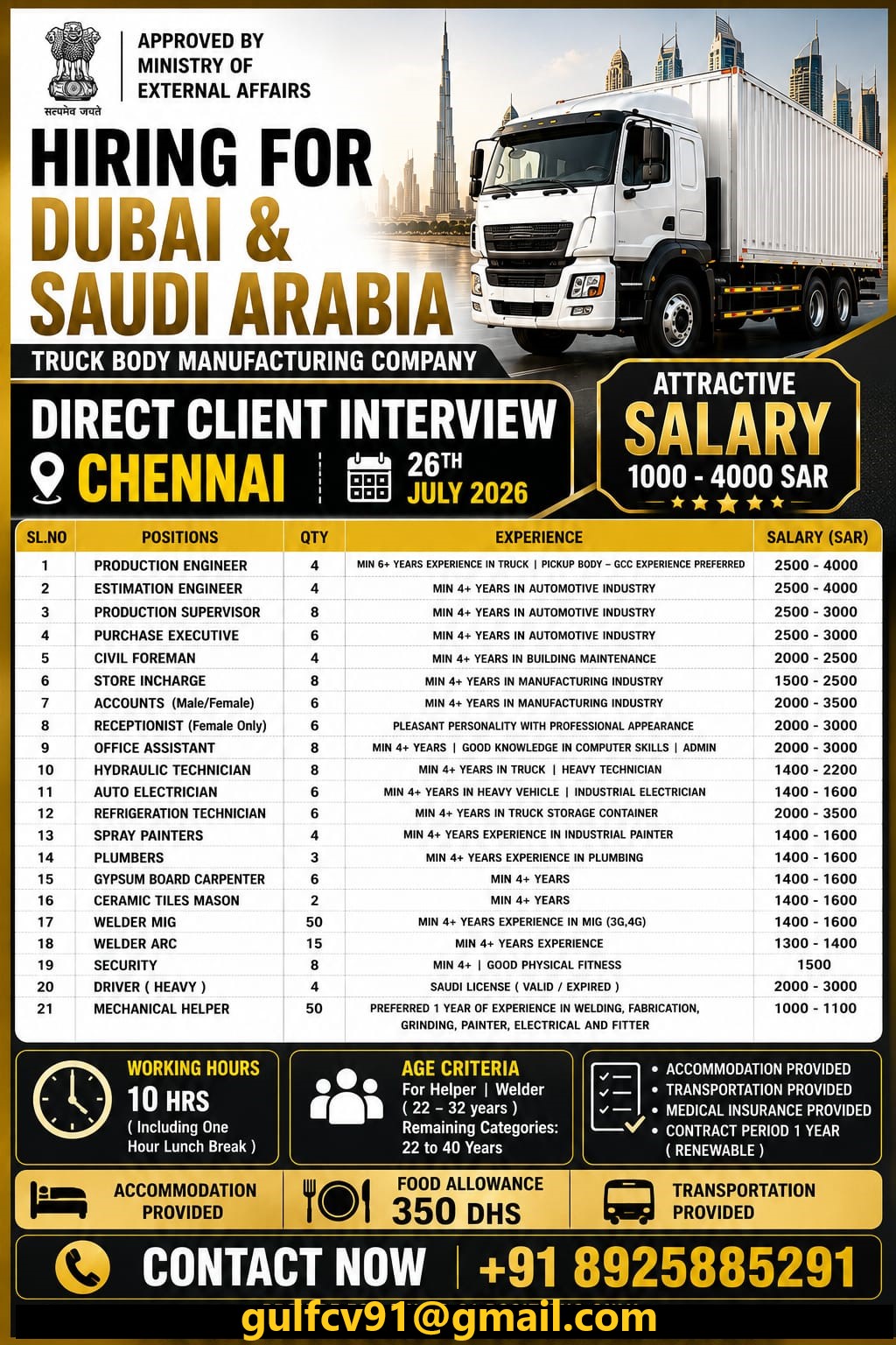 Hiring for Dubai & Saudi Arabia - Truck Body Manufacturing Company — MPS INTERNATIONAL, United Arab Emirates, Saudi Arabia