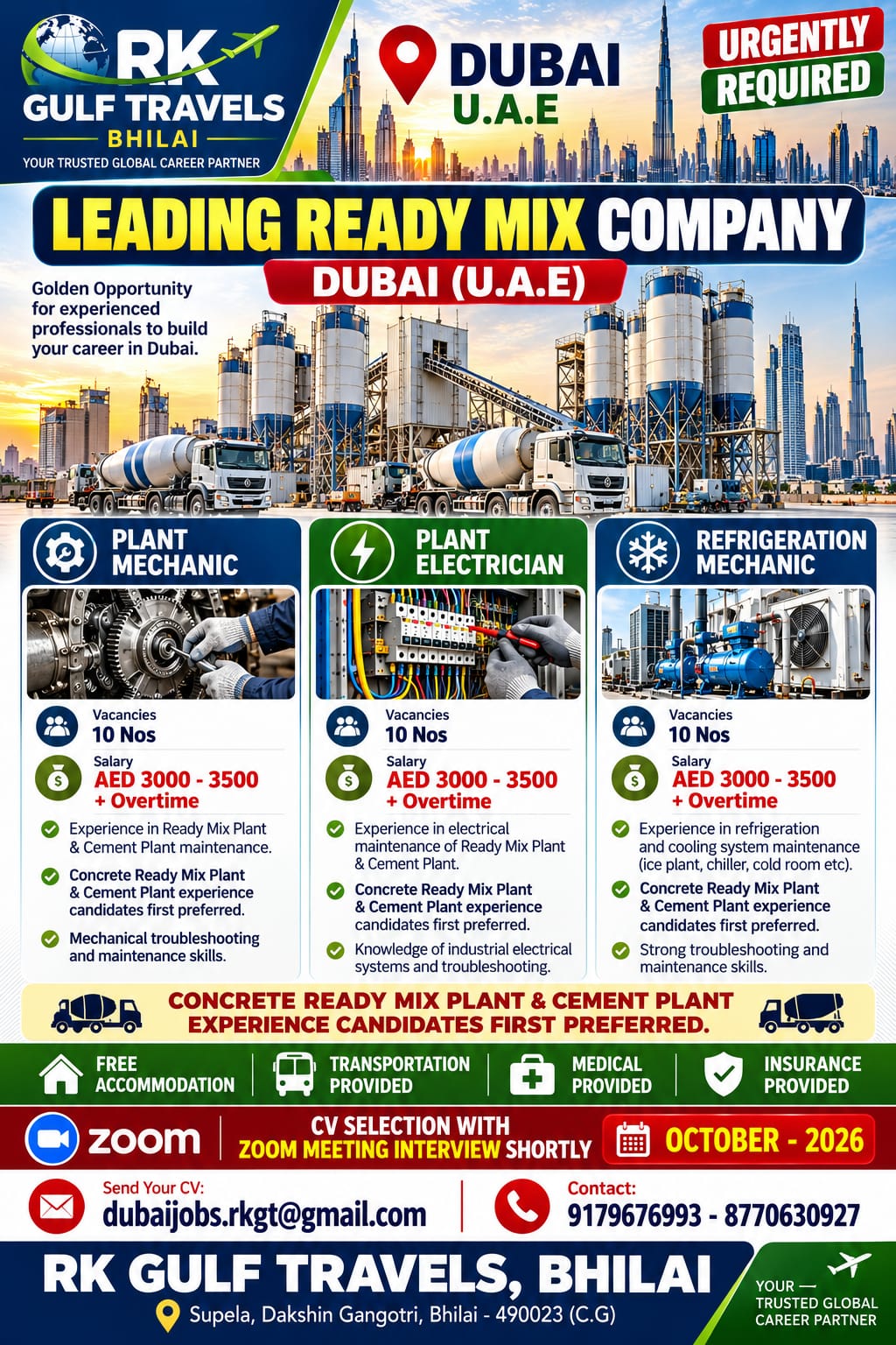BUILD YOUR CAREER IN MULTINATIONAL READY MIX COMPANY – DUBAI (UAE). — RK GULF TRAVELS,BHILAI, UAE, UAE