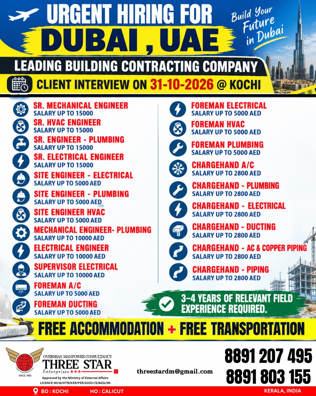 Urgent Hiring for Dubai, UAE - Leading Building Contracting Company